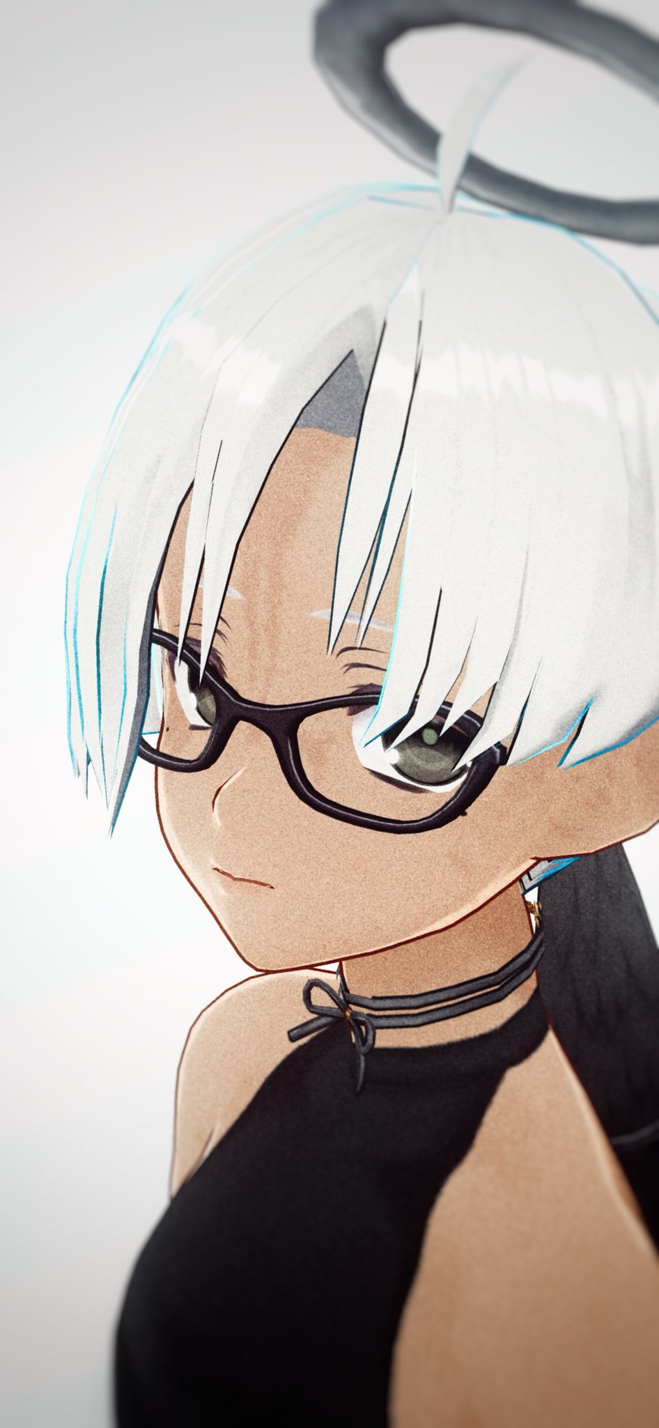 the image features a closeup portrait of a young woman with white hair, fair skin, and striking green eyes. she wears a pair of black, squareframed glasses that accentuate her gaze. a delicate silver halo floats above her head, adding a touch of ethereal charm. her attire is simple yet stylish: a black choker necklace and a black dress with a sweetheart neckline. the soft lighting and closeup perspective create a sense of intimacy and draw attention to her captivating features.