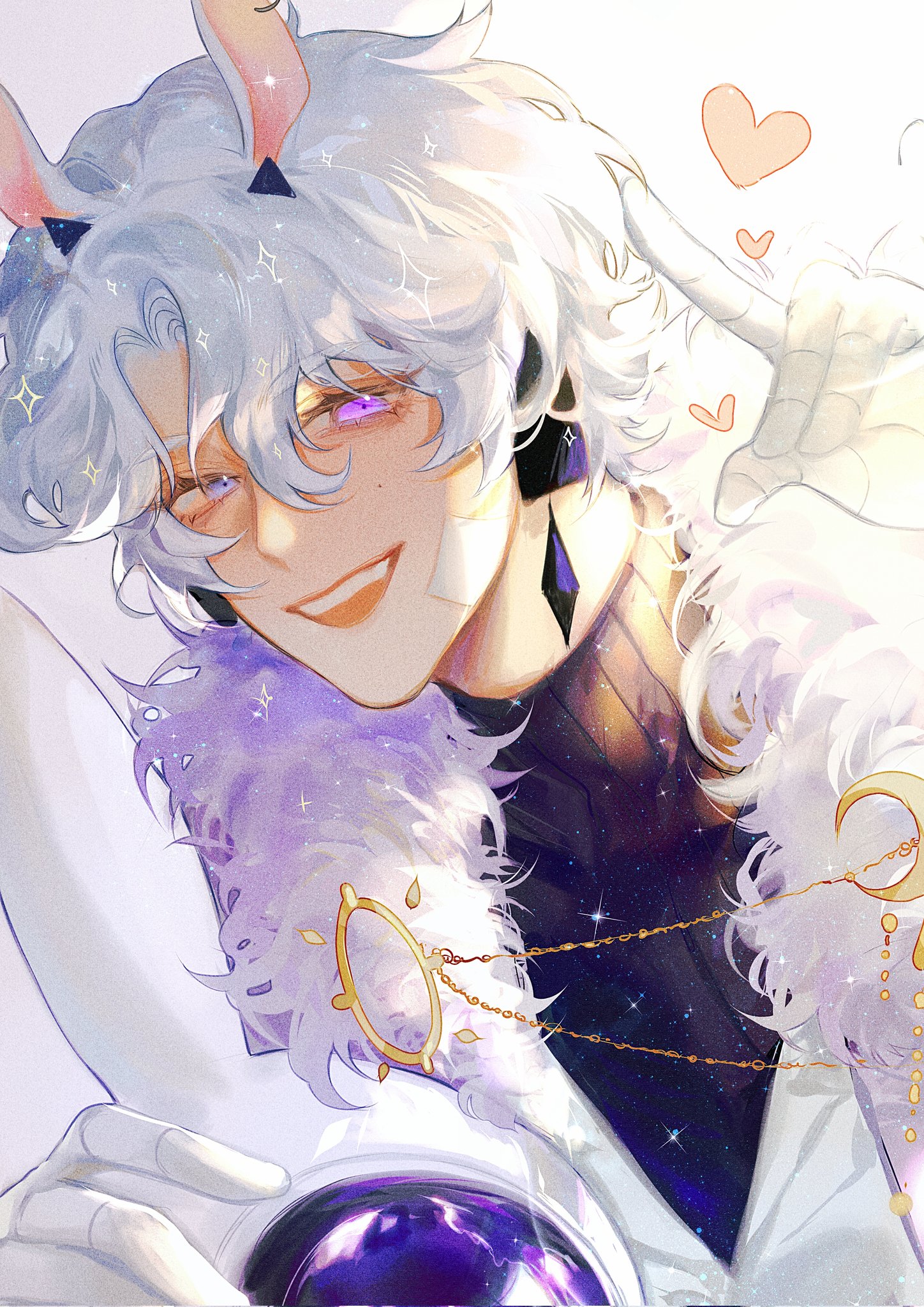 he image is a digital painting of an animestyle male character. he has long, white hair with fluffy, purple accents and rabbit ears. his eyes are purple, and he's wearing a white outfit with a fluffy collar and a dark purple inner garment. he has two necklaces, one with a sunlike pendant and the other with crescent moon pendants. the background is light and dreamy with hearts floating around him. the overall aesthetic is magical and enchanting. the character appears charming and elegant, with a soft, dreamy expression.