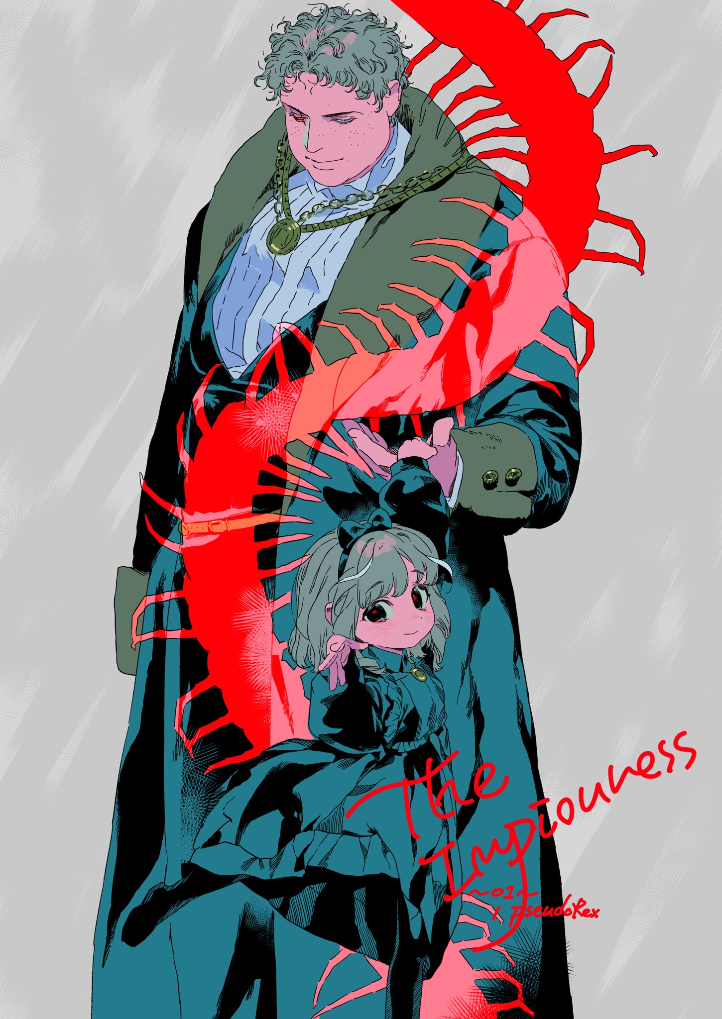 a drawing of a man in a large, dark blue/green coat with a fur collar and a gold chain with a medallion around his neck. he is standing with a child in a blue dress in front of him. behind and around them is a large red, centipedelike shape. the words "the impiousness" are written in red to the bottom right.
