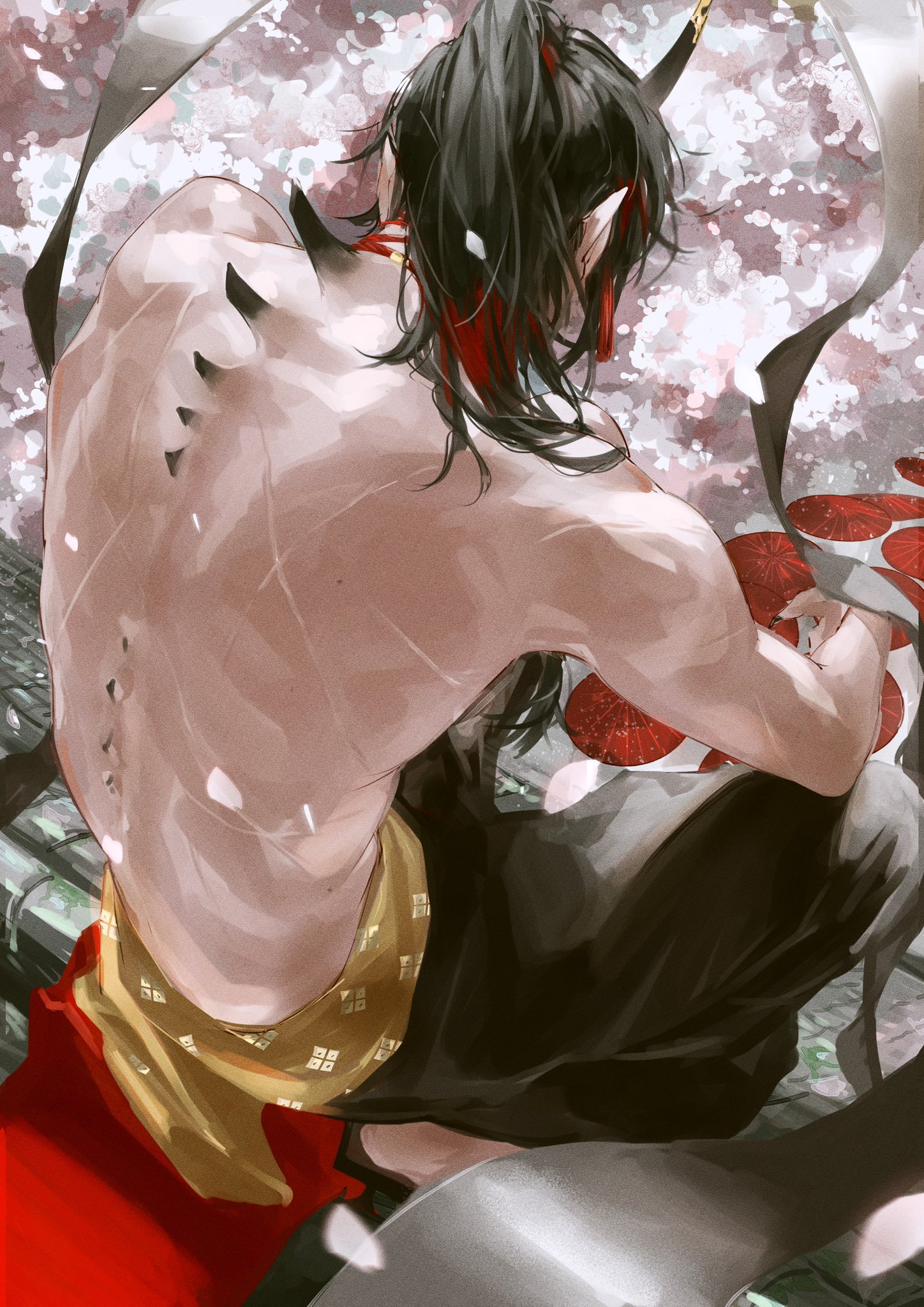 this is a digital illustration of an anime character. the character is a young man with long black hair, he is wearing a traditional japanese outfit and a red sash. he is sitting with his back to the viewer and his face is not visible. his body is covered in scars. the background is a blur of cherry blossoms.