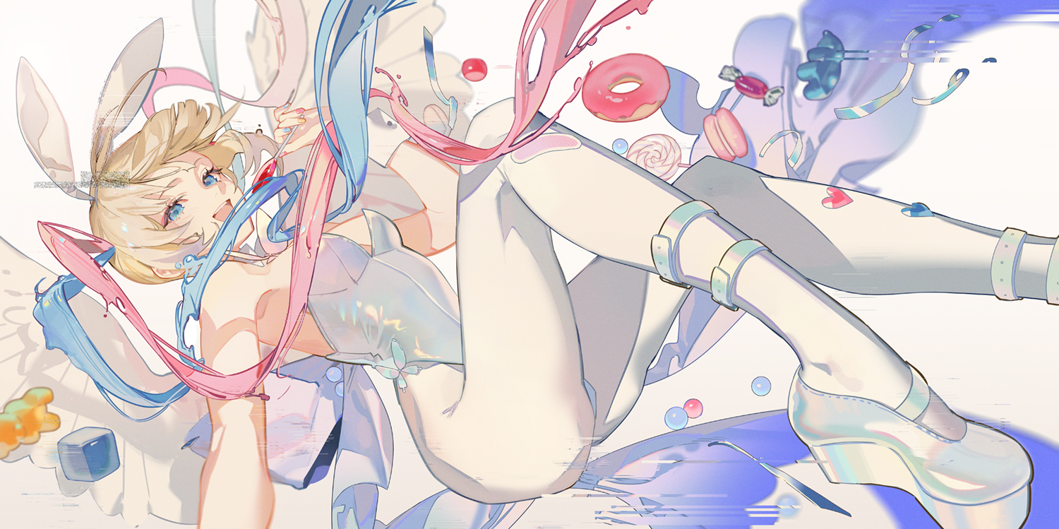 an anime girl with blonde hair and blue eyes is lying down in a suggestive pose. she is wearing bunny ears and thigh high socks with braces. there are floating sweets like donuts, lollipops, and candies around her. the image has a shiny and glitch effect. there is also a dolphin in the background. pink and blue ribbons are flowing around her.