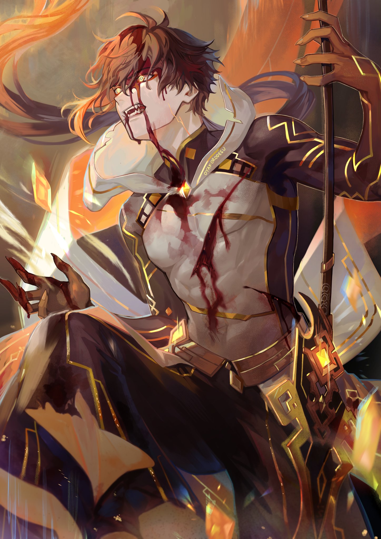 this digital illustration depicts a fiercelooking anime warrior character, covered in blood and wounds. he is gripping a weapon, his expression fierce and determined. the background is dark and dramatic, with hints of fire and light. the image evokes a sense of battle and intensity.