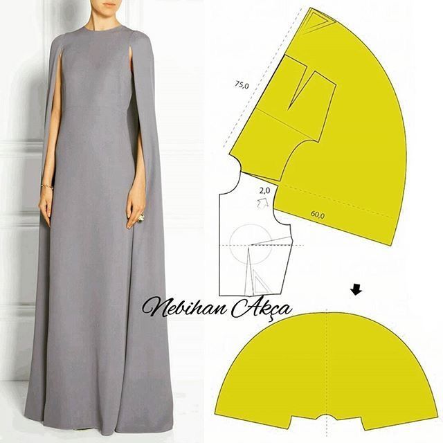 the image features a gray maxi dress with a cape, shown alongside a sewing pattern design for the garment. the pattern includes measurements and diagrams, suggesting instructions for creating the dress and cape.