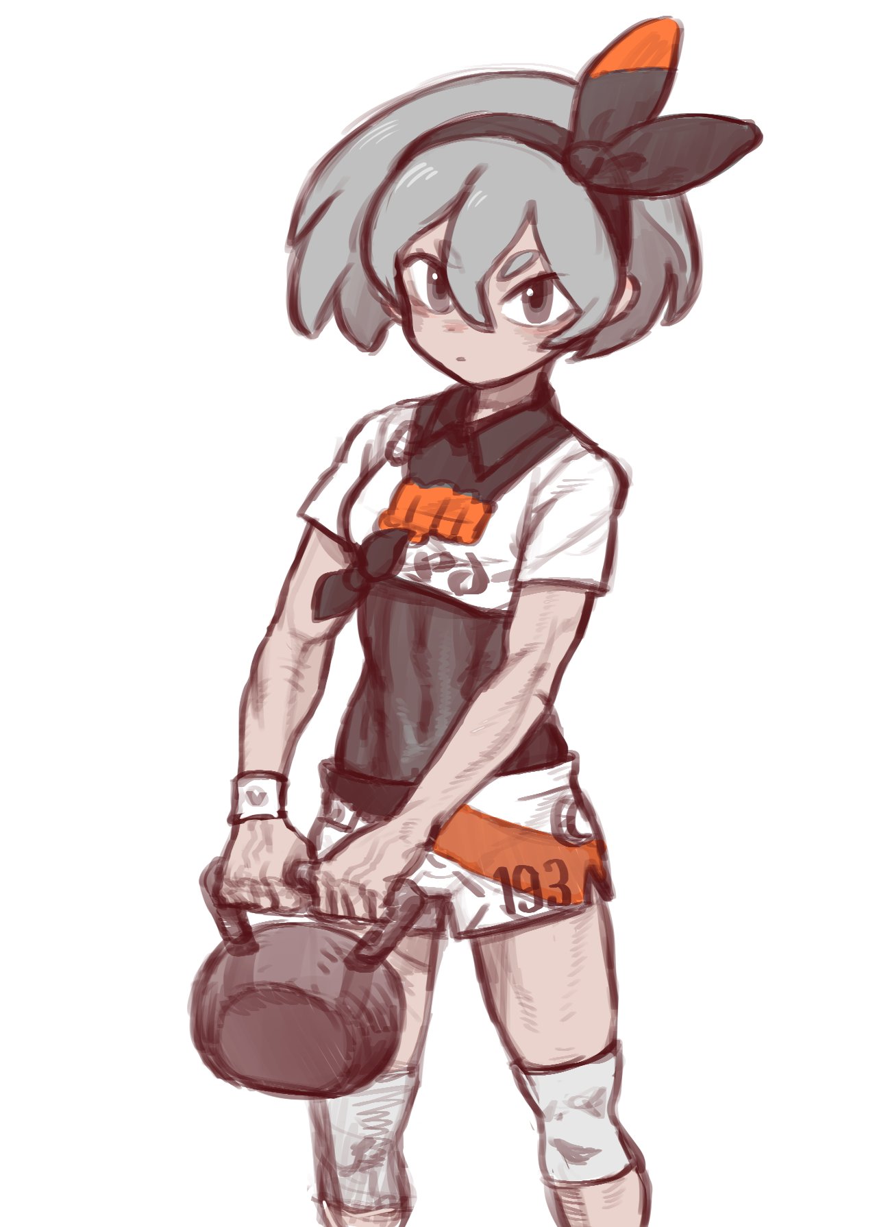 a digital art sketch of a female anime character with grey hair and a headband with an orange and black design. she is wearing a white shirt with a black top over it, and has orange shorts on. she is holding a kettlebell and seems to be lifting weights. she is wearing knee pads. this appears to be a digital sketch of an anime character.