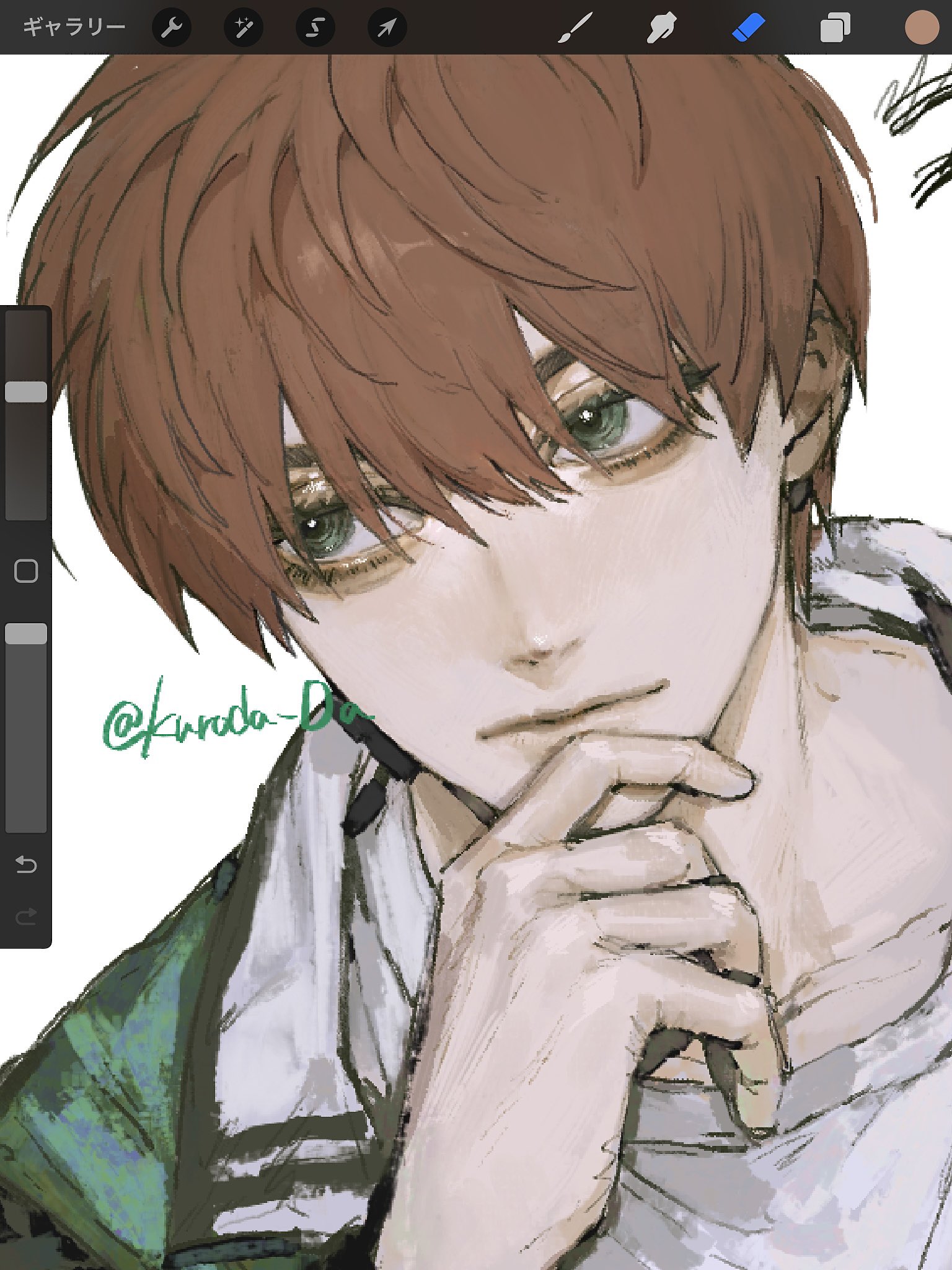 a closeup of a young anime boy's face. he has red hair and green eyes. he is looking down thoughtfully and has his chin resting on his hand. the illustration is drawn in a digital style with soft shading.