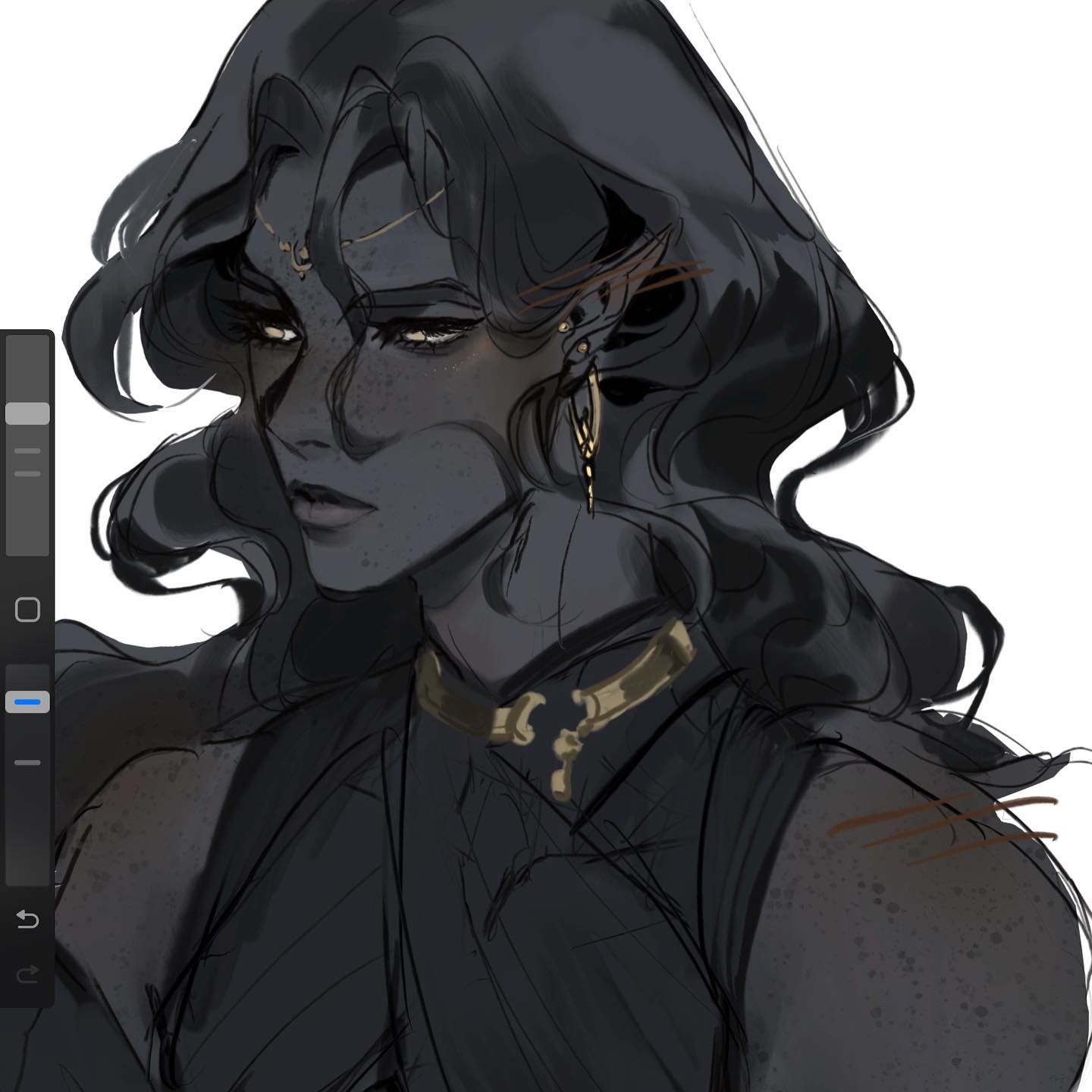 a closeup, stylized digital painting of a darkskinned female elf with long, dark hair and gold jewelry. she has a serious expression and is wearing a dark, flowing garment.  the background is white. the art style appears unfinished, like a digital sketch or concept art.