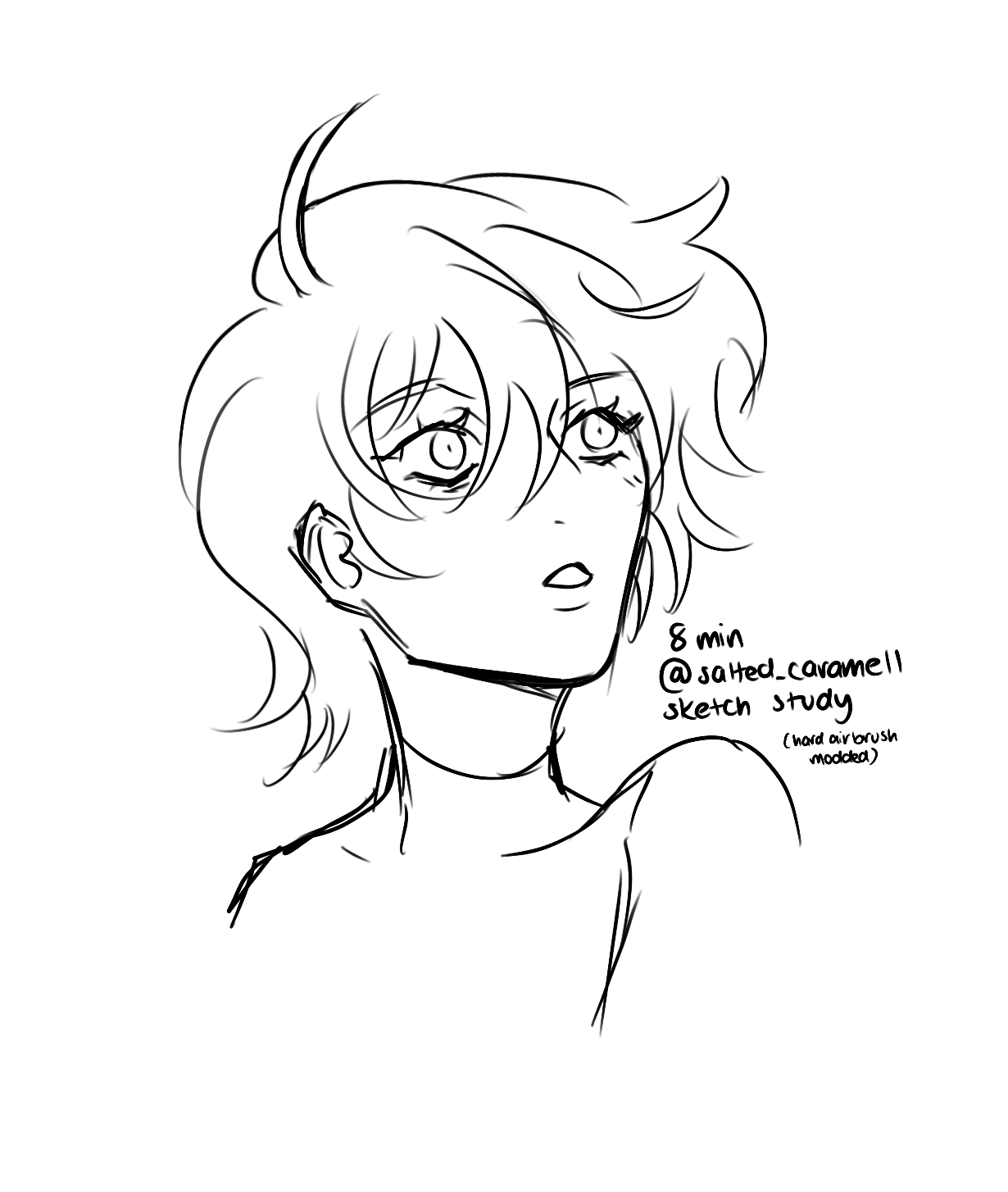 a black and white line art sketch of a person in an anime/manga style. the character has shoulderlength, messy hair and is looking upwards with a surprised expression. the sketch includes the shoulders and upper chest, with some text indicating it was an 8minute sketch study by @salted_caramell.