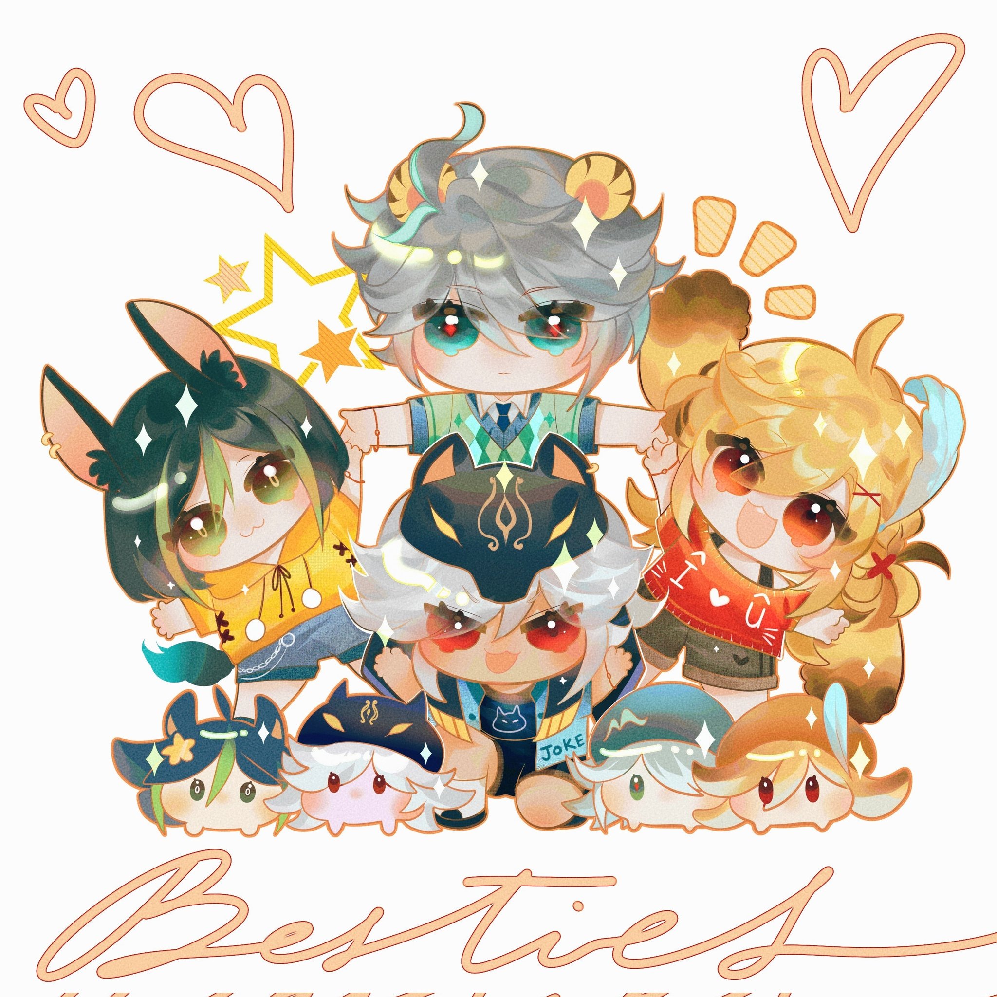 the image is a vibrant, colorful digital illustration featuring a group of chibistyle anime characters. they are depicted as close friends, playfully piled on top of each other. each character has unique animalistic features (cat ears, fox ears, bunny ears, and lionlike hair), distinct clothing styles, and expressive faces. the overall style is cute and kawaii, with sparkling effects and hearts surrounding the group.  the words "besties" are written stylishly at the bottom.  the illustration is likely fanart, possibly created for a specific anime or game, given the character designs.