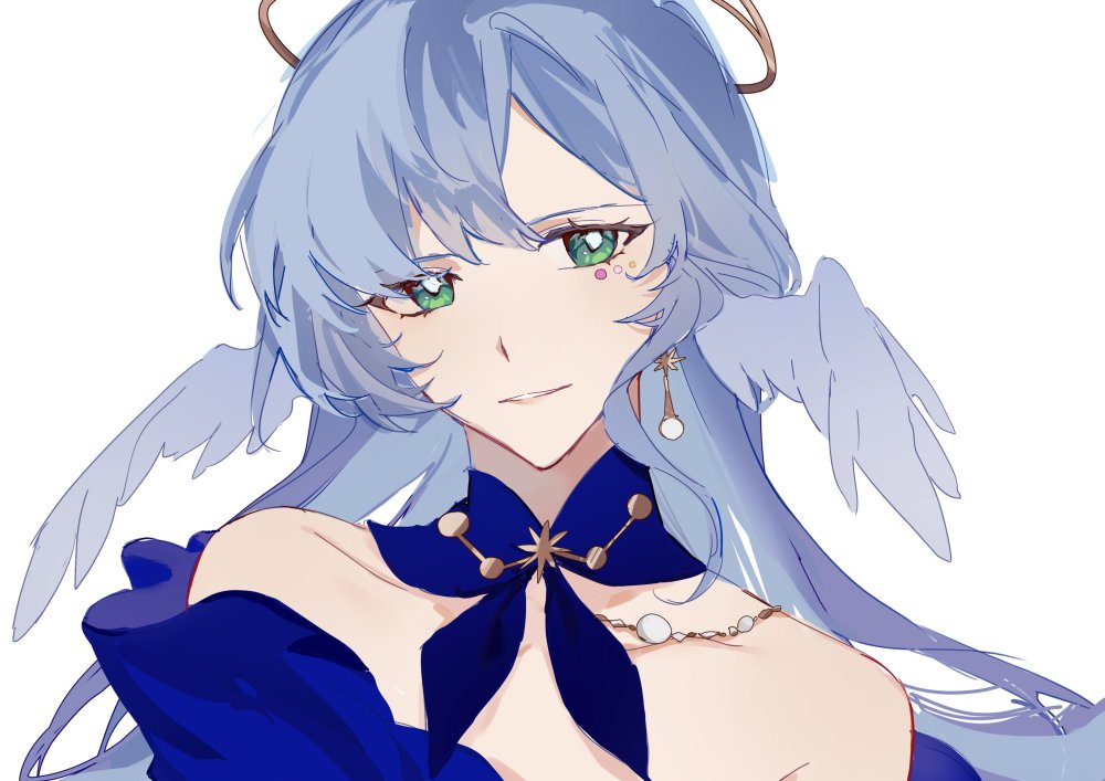 this is a digital illustration of a beautiful anime girl with blue hair and green eyes. she is wearing a blue dress with a bow and a necklace. she has angel wings behind her and a halo above her head. the background is white. the image is drawn in a cute and elegant style.