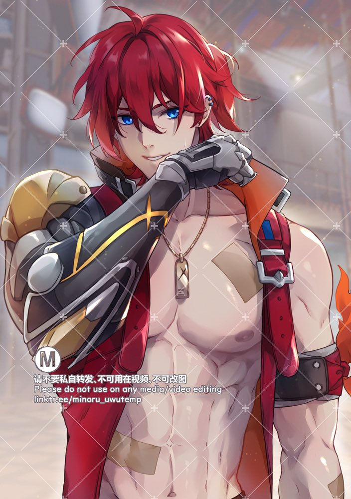 a closeup of a young, handsome anime boy with red hair and blue eyes. he's shirtless and has a robotic arm on his left side. he's wearing a red scarf, a belt, and a necklace. he is looking to the right side with a smirk on his face. the art style is very detailed and welldone.