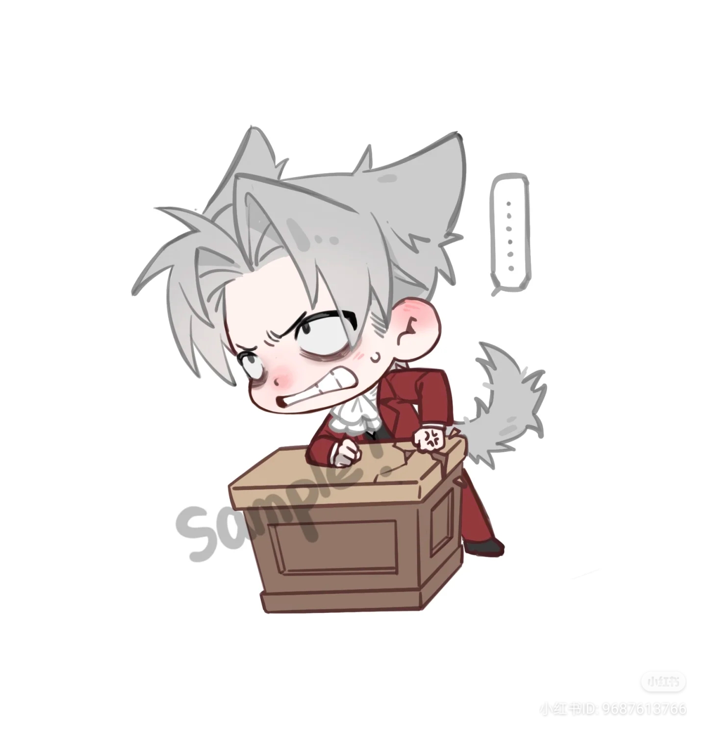 a chibistyle drawing of a character who appears to be a lawyer, drawn with a furry aesthetic of having gray cat ears and tail. they are slamming their fist on a podium in anger, with their expression drawn in a cute yet forceful way.