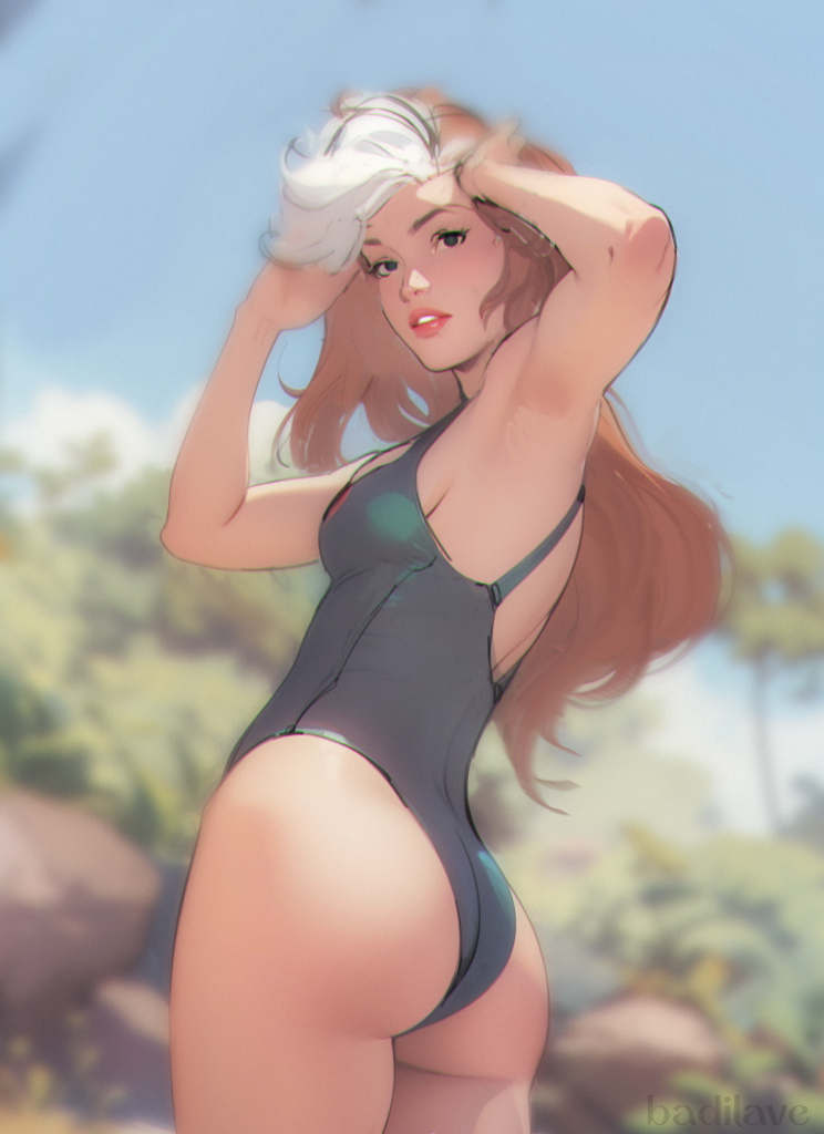 a young woman with long brown hair and a white streak stands at the beach. she wears a dark teal onepiece swimsuit and is turned slightly away from the viewer, looking back over her shoulder. her hand rests on her head, shielding her eyes from the sun. the background is a blur of sand, foliage, and sky, suggesting a tropical or summery setting. the overall style is pinup, emphasizing the woman's figure and a carefree, sunny mood.