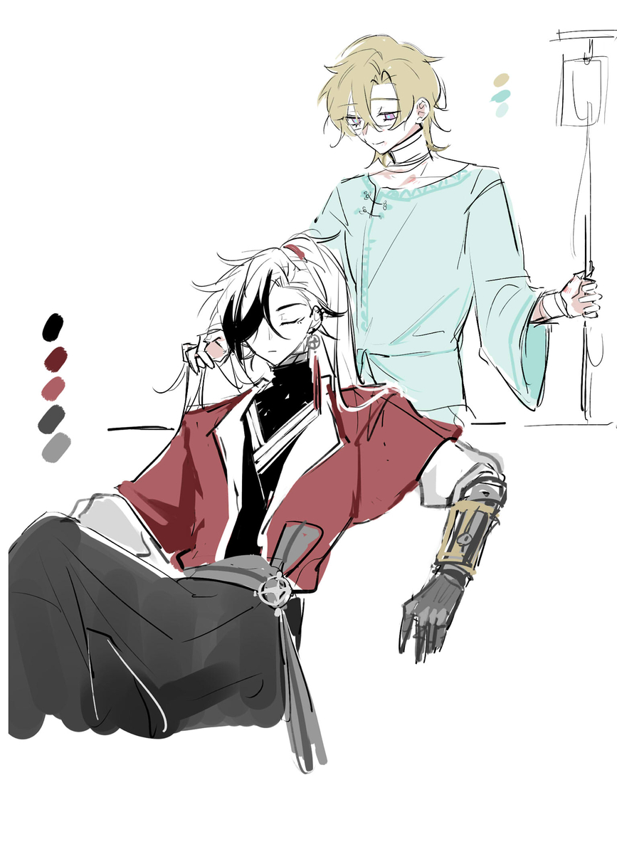 this is a digital illustration of two anime boys, one with blond hair and a green hospital gown and the other with white hair and a red jacket, who are in a hospital room, the one in the gown is standing up and holding a bag of iv fluid and the one in the jacket is sitting down and holding his arm. they are both looking at each other. the illustration is done in a sketch style with black and white lines and light colors.