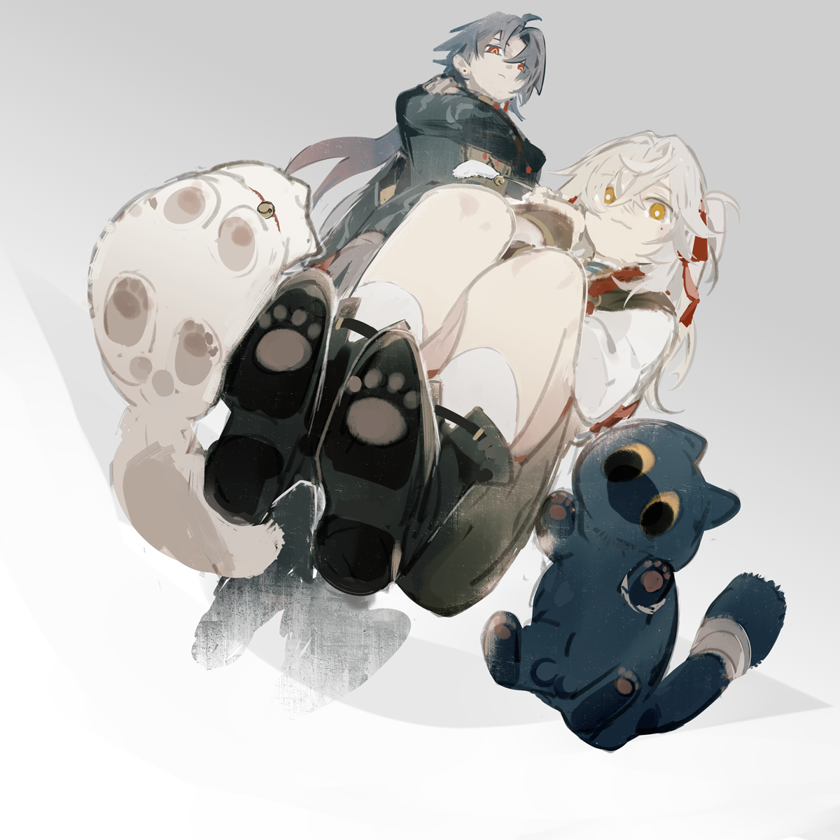 a digital illustration featuring a white haired girl and another character, possibly a boy, with long dark hair. both characters are wearing black boots with paw prints on them. the girl is smiling and holding a white cat plushie with paw prints and the boy is holding a blue cat plushie with a tail that has bandages on it. the background is a gray gradient with a white border around the bottom of the image.
