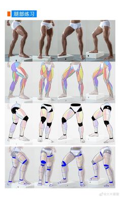 the image is a tutorial page featuring various sketches of men's legs in different poses. it focuses on showcasing the muscular anatomy and structure, providing artists with reference material for drawing realistic legs. the sketches are presented in a clean and clear format, utilizing different perspectives and levels of detail.