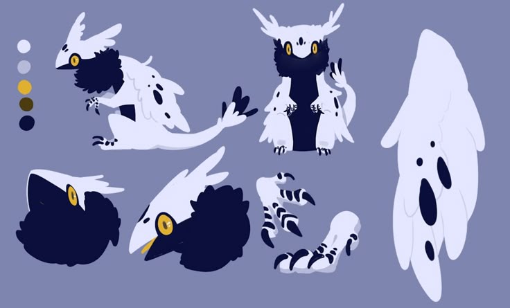 the image features a design sheet of a fantasy creature with avian characteristics. the creature has a white and dark blue color scheme with yellow eyes. there are various poses and closeups of different body parts, such as the head, feet, and a fullbody view. it resembles a bird with features like feathers and claws, but also has horns and dark blue spots. a color palette is included on the left side of the design sheet. the overall style suggests a mythical, birdlike creature concept.