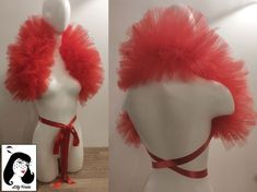 a red tulle shrug is displayed on a white mannequin. the shrug is made of layers of ruffled tulle and ties at the waist with a satin ribbon. the image is split into two parts: one showing the front view and the other showing the back view of the shrug.