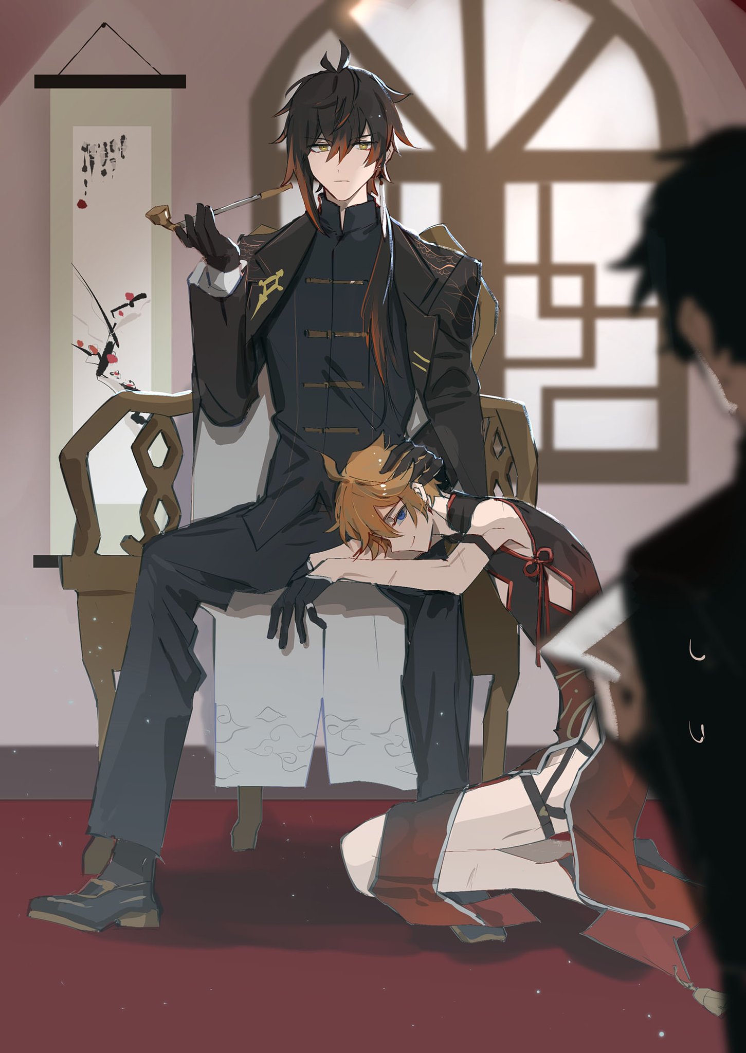 the illustration shows two anime characters sitting on a chair in an interior setting. the character on the left is a man with black hair and wearing a black jacket and white pants. he is sitting on a chair and holding a pipe in his hand while looking away. the character on the right is a man with orange hair and a red shirt. he is laying down on the first character’s lap. both of them are looking away from the viewer. there is a third character, whose black hair can be seen on the right, who is looking at the two characters.