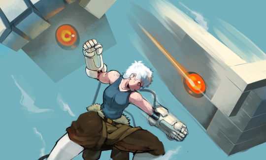 a whitehaired cyborg woman with a blue tank top and brown pants is fighting against a robotic arm. the robot is grey with orange lights. they are fighting against a blue background with white clouds in the background. the image is in an anime style.