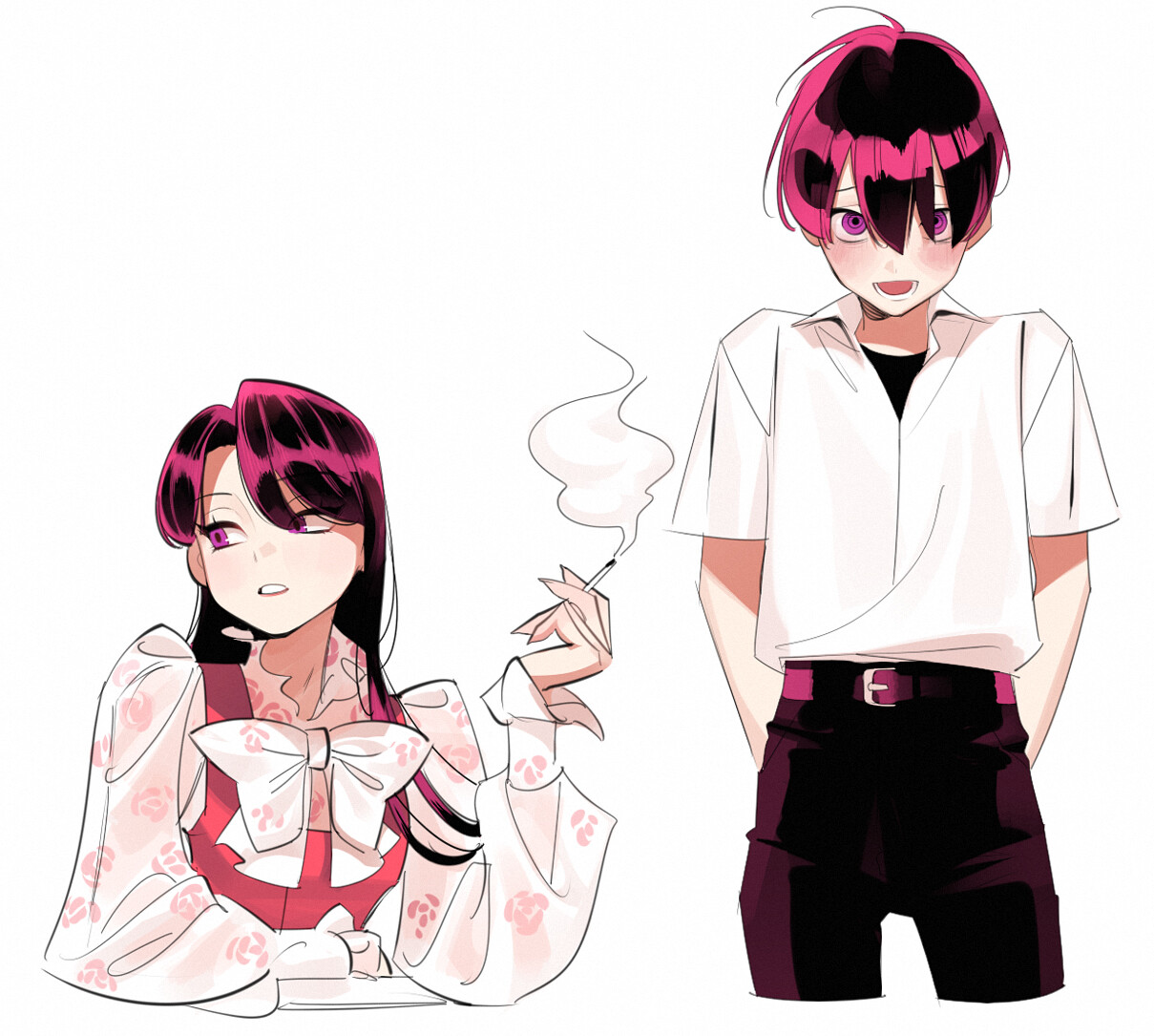 the image features two animestyle characters set against a plain white background. on the left, a girl with long, dark purple hair and matching red eyes sits with her body slightly turned, gazing directly at the viewer. she sports a stylish ensemble  a white, sheer, longsleeved top adorned with a pattern of red hearts layered over a red sleeveless top. a large white bow with long tails decorates the front.  her right hand, with painted nails, casually holds a lit cigarette, a plume of smoke drifting upwards. on the right stands a boy, also with dark purple hair but styled short, and similar red eyes. he faces forward with his hands tucked into the pockets of his black pants. his attire consists of a simple white, shortsleeved, buttondown shirt and a black belt. his expression is neutral, bordering on a slight smirk.
