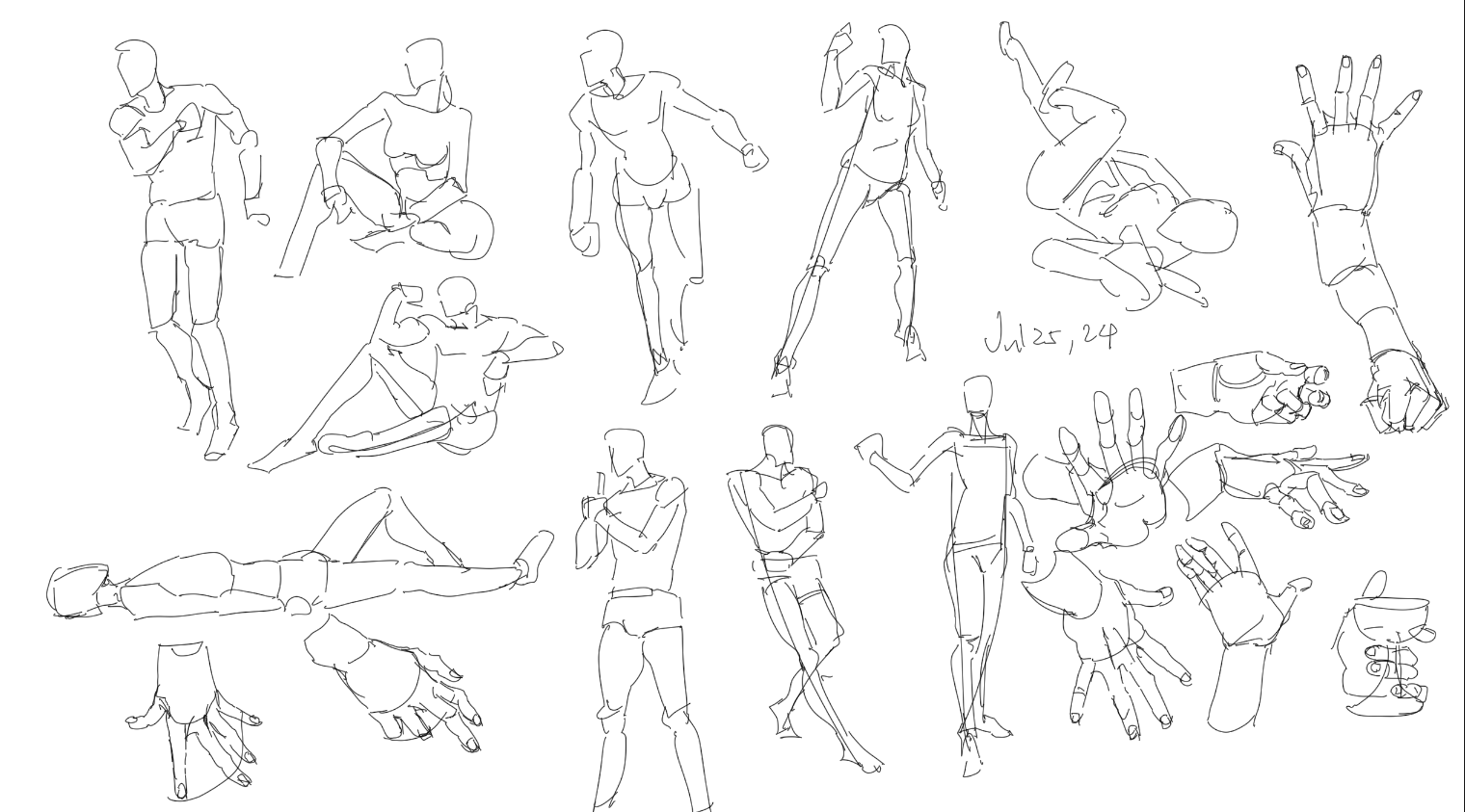 a page of figure drawing and hand studies in a simple line art style. the artist is practicing different poses and angles of the human body. there are full body sketches as well as isolated hand studies in various gestures.