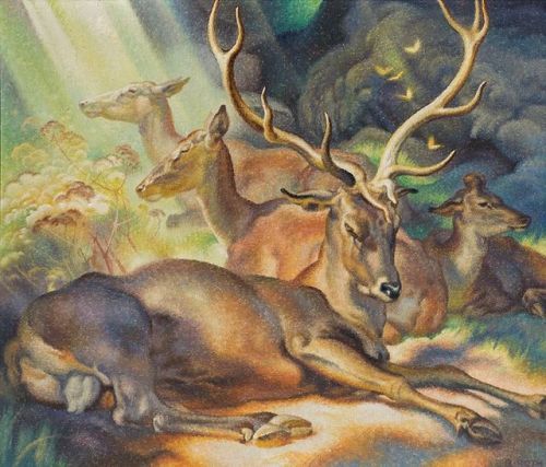 painting depicting a herd of deer resting in a sundappled forest. the central focus is a large buck with impressive antlers lying down, while a doe and a fawn are positioned nearby. the light filters through the trees, casting shadows and highlighting the animals' forms. the style is realist, with attention to detail in the textures of fur and the environment.  the overall mood is serene and peaceful.