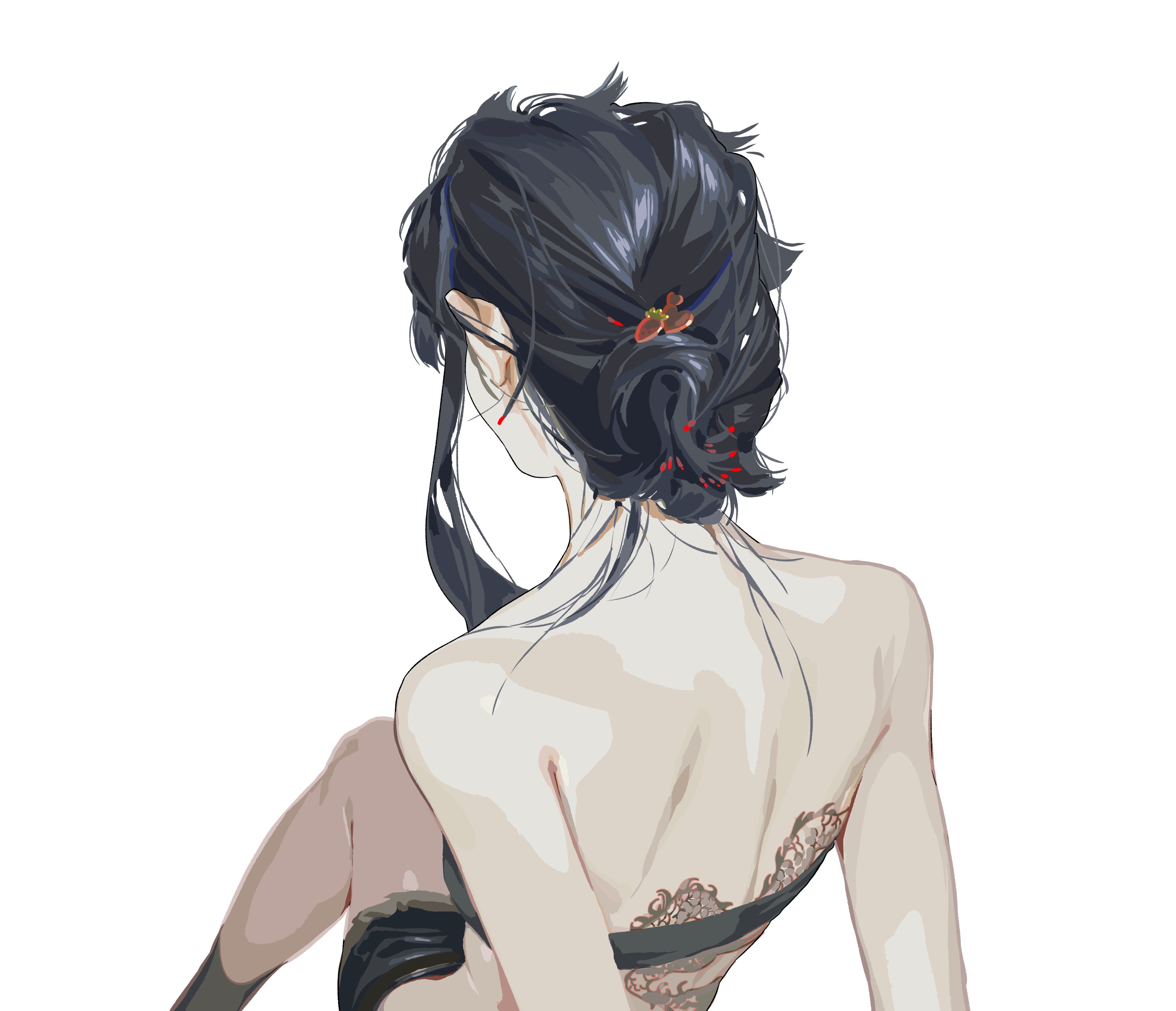 a woman with black hair in an updo is shown from behind, revealing her bare back with a tattoo. she is wearing black lingerie.