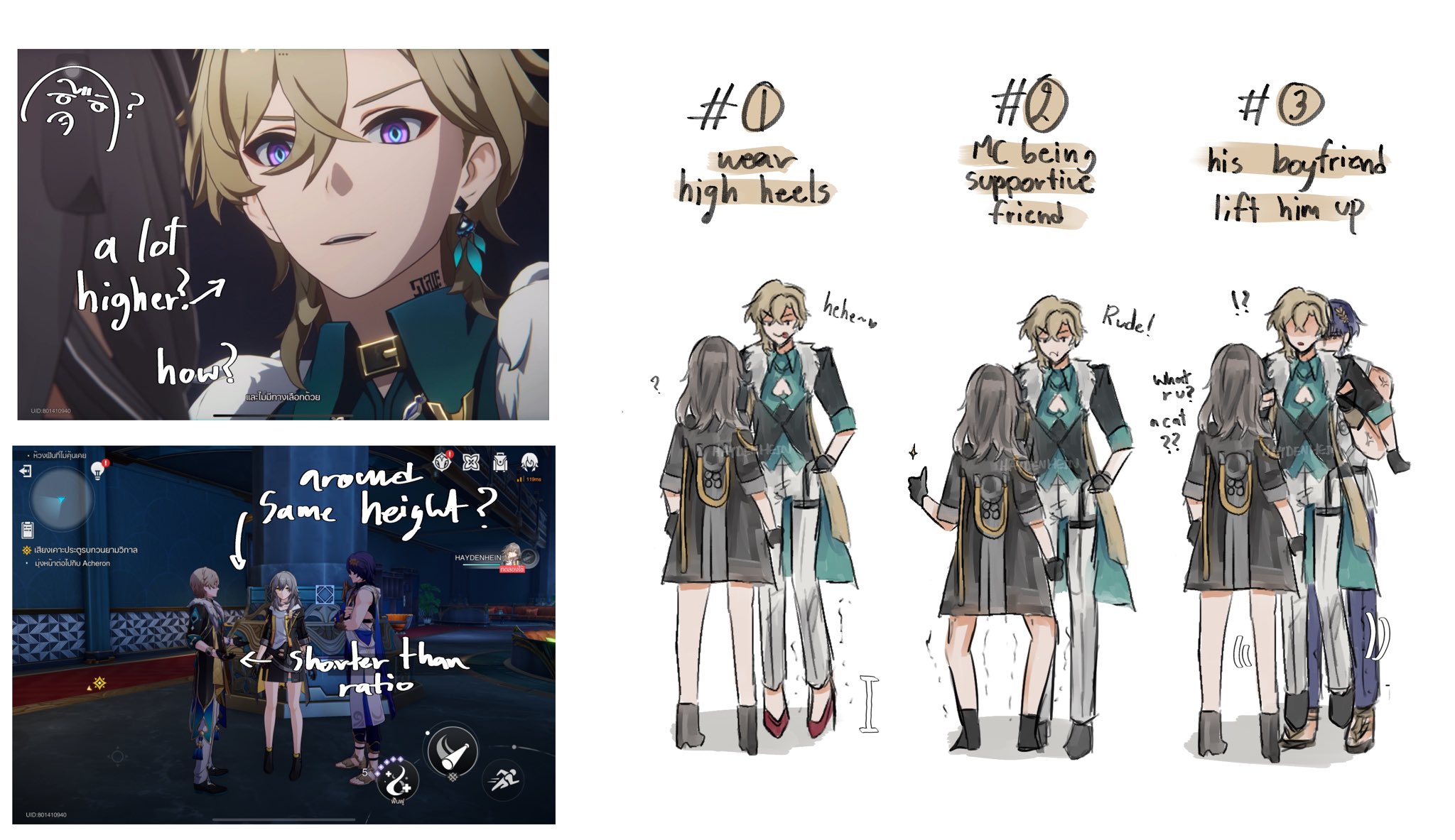 this is a fanart of albedo and kaeya from genshin impact. the first panel shows kaeya with a question mark above his head, as if asking "how is albedo so much taller than me?" the next panel shows a closeup of albedo with a caption reading "a lot higher?". the next panel shows albedo with a caption reading "around the same height?". the next panel shows kaeya and albedo in their ingame model, with a caption reading "shorter than ratio".  the next three panels show albedo, kaeya, and the traveler from different perspectives. the first shows albedo with a caption reading "#1 wear high heels". the second shows albedo, kaeya, and the traveler with a caption reading "#2 mc being supportive friend". the third shows albedo, kaeya, and the traveler with a caption reading "#3 his boyfriend lift him up". the images depict the three different scenarios. the first panel is a humorous way of showing the height difference between the two characters. the second panel is more serious and shows the traveler in a more supportive role. the third panel is more romantic and shows the close relationship between albedo and kaeya. the image is a testament to the popularity of the game and the love that fans have for the characters.