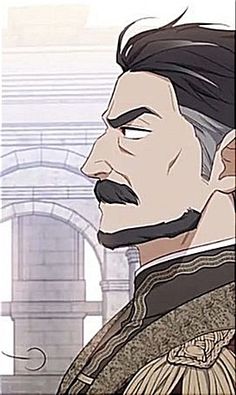 this is a digital illustration of a man in profile view. he has a serious expression with furrowed brows. he has dark hair with gray streaks at the temples, a prominent mustache, and is wearing a militarystyle uniform with decorative details on the collar and shoulders. the background features the interior of a building with arches and columns, suggesting a grand or official setting.  the overall style is reminiscent of historical european fashion and architecture.