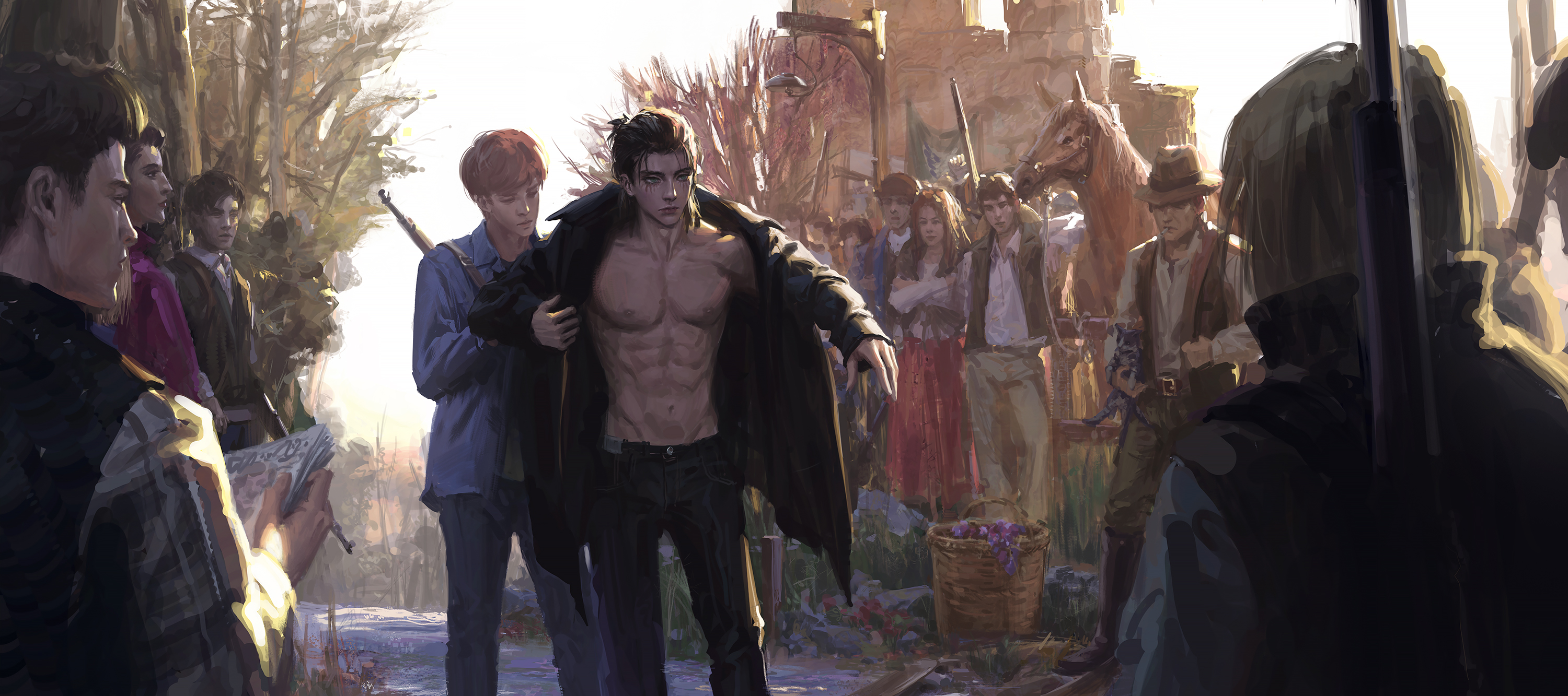 the image is a digital painting depicting a bustling marketplace scene. in the foreground, a man with defined abdominal muscles is putting on a black coat. he is dressed in jeans and has a somewhat pale complexion. to his left, another man in a blue shirt assists him with the coat, carrying a rifle on his back. on the left side of the image, there are people sketching in notebooks, possibly artists or observers. in the background, a crowd of people is visible, along with a horse standing near a market stall. the environment seems to be a historic town or village, with buildings and architectural details suggesting an older era. the overall impression is one of a lively and vibrant marketplace in a bygone time, captured in a painterly style.