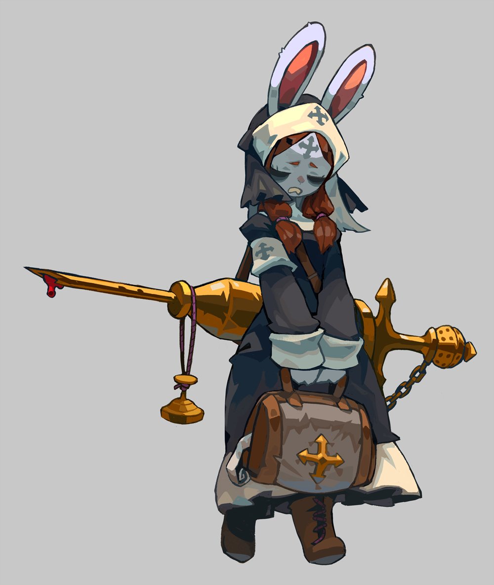 a cartoon nun with rabbit ears and a syringe in her hands. she has a medical bag with a cross on it.