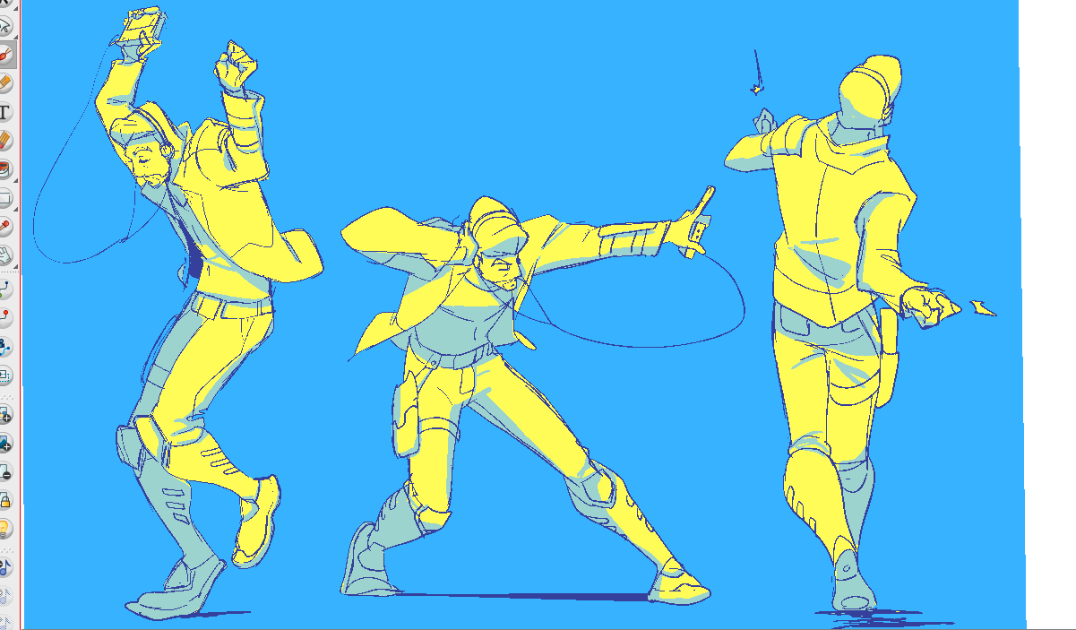 this illustration depicts three figures dancing in a bright blue background. they are all wearing yellow jackets and pants. the figure on the left is wearing headphones and is holding up a phone in their right hand. the figure in the middle is facing the left with their right hand on their head. the figure on the right is facing the left with their right hand raised. the ground is black. they are all stylized with black outlines and colored in yellow, blue, and black.