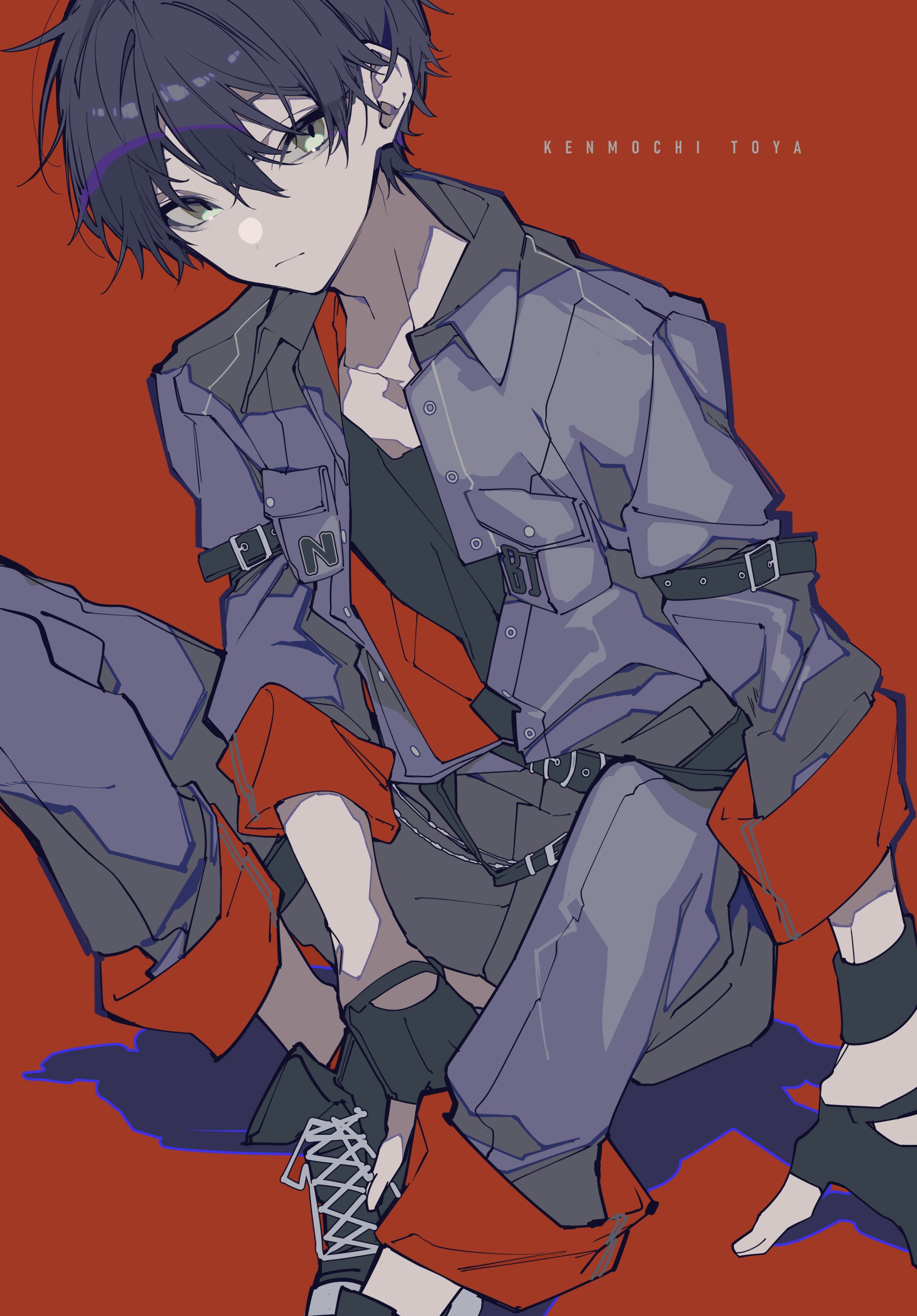 the image is of an animestyle boy with dark hair and green eyes. he is wearing a gray, somewhat militarystyle jacket with multiple buckles and pockets, over an open orange shirt and a black undershirt. he also has on a belt, gray pants, and is sitting on the ground while lacing up one of his shoes. the background is a solid orange color. there's text above his shoulder that says "kenmochi toya".