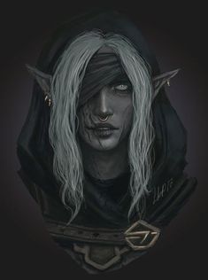 the image shows a female dark elf with pale gray skin, long silver hair, and piercing white eyes. she wears a dark hooded cloak and has a determined expression. the lighting is soft, creating a mysterious and ethereal atmosphere.