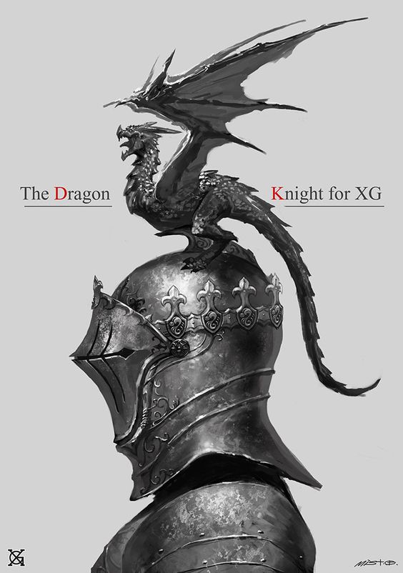 the image showcases a knight clad in ornate armor, positioned in profile. perched atop the knight's helmet is a black dragon with intricate scales and outstretched wings, adding a fantastical element to the scene. the image boasts a grayscale palette, enhancing the dramatic effect and emphasizing the details of the armor and the dragon's scales. the knight's face is concealed by the helmet, adding an air of mystery and stoicism.