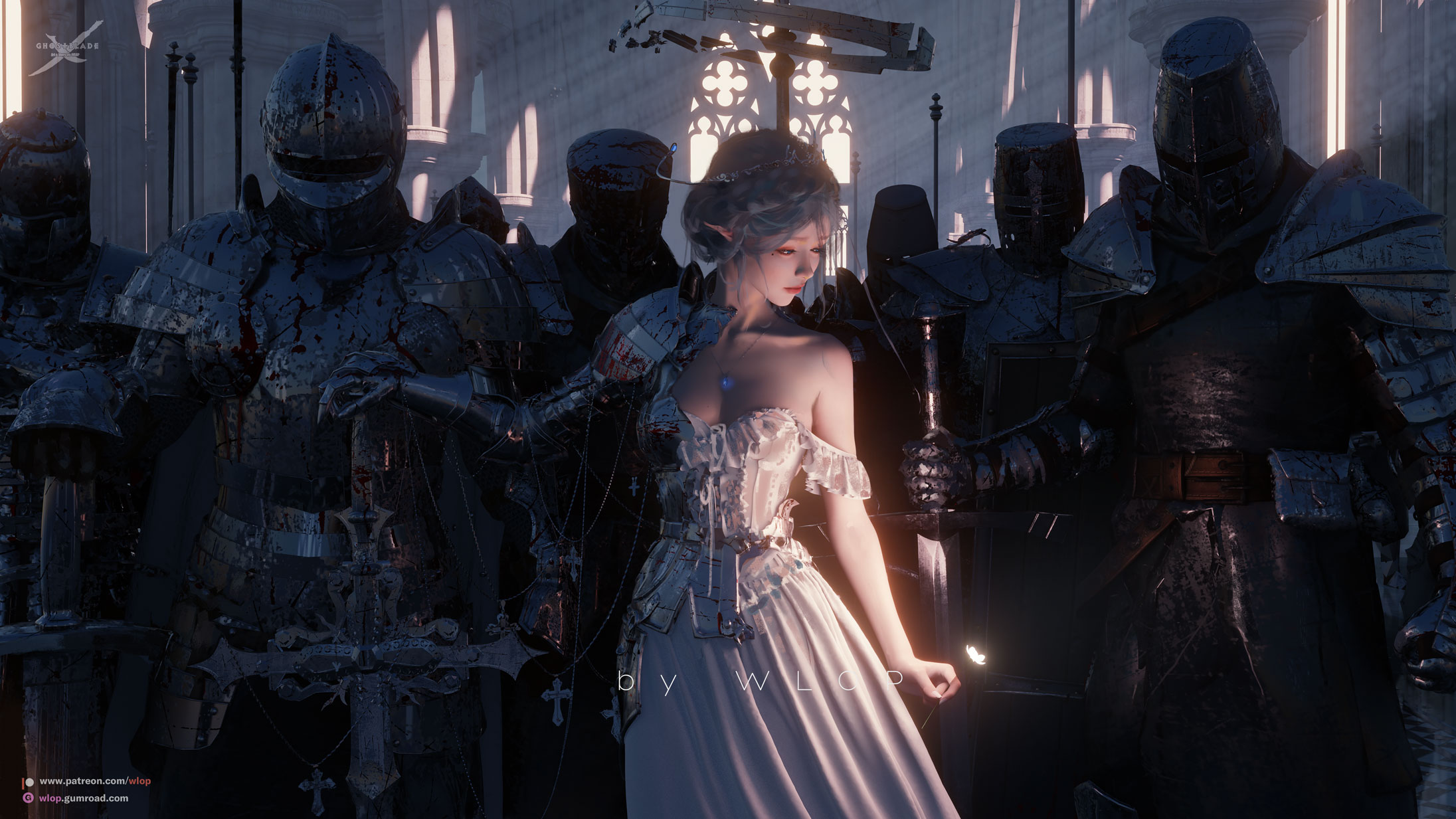 in a dimly lit gothic church, a woman in a white gown stands amidst a group of armored knights. the woman, who has ethereal white hair and glowing blue eyes, holds a source of light in her hand, illuminating her against the dark figures surrounding her. the knights, clad in dark, battleworn armor, create an imposing presence. the setting is grand and evocative of a scene of power and mystery.