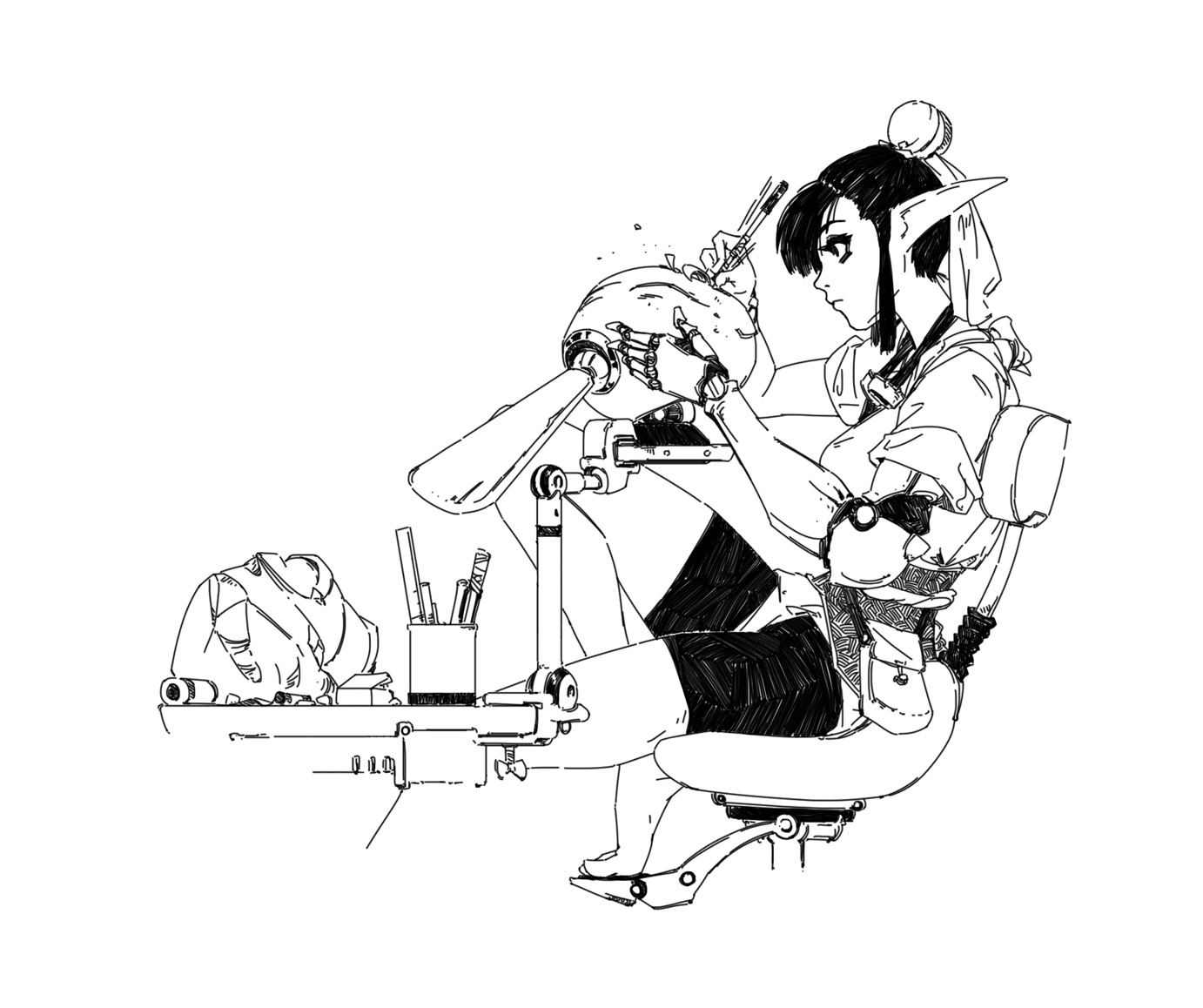 the image is a detailed black and white line drawing of an elflike female character sitting in a futuristic chair at a workstation. she appears to be working on or meticulously examining a mechanical helmetlike object, using various small tools.  the style is reminiscent of anime or manga, with a strong emphasis on line work and shading to create depth and texture.  the overall aesthetic is a blend of cyberpunk and fantasy elements, with both technological and whimsical details present in the scene. the artist's attention to detail is evident in the intricate depiction of both the character and her surroundings.