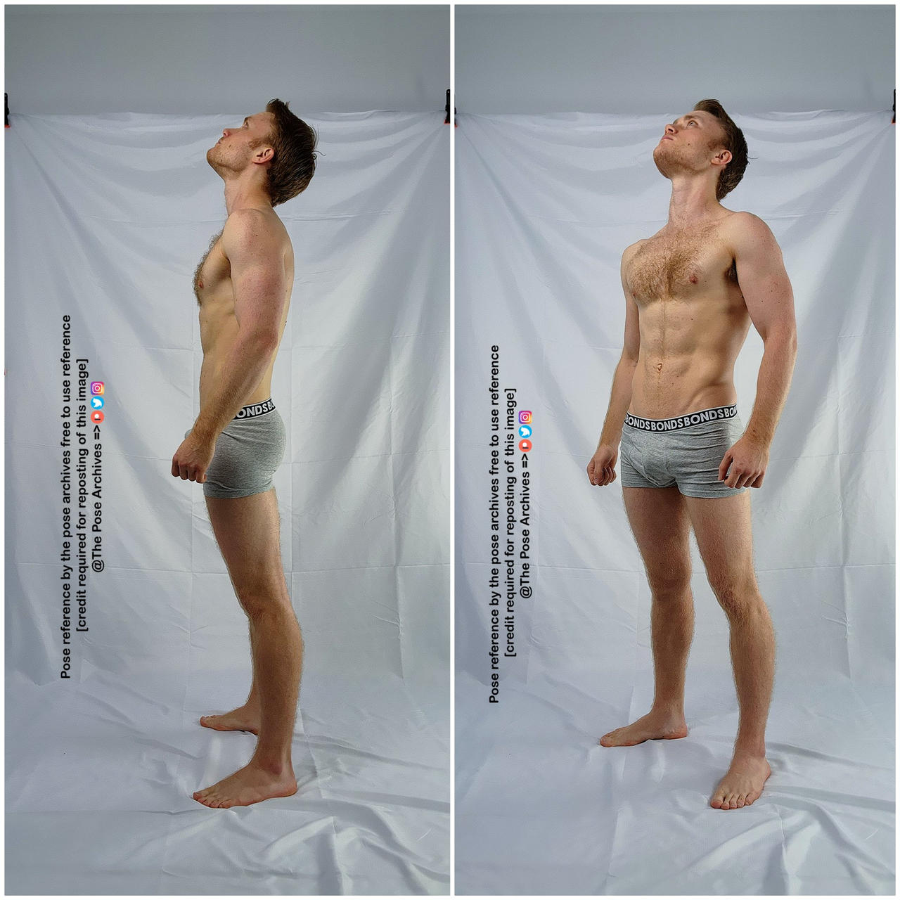 the image shows a young adult male standing in two slightly different poses against a plain white backdrop. he is wearing gray underwear and looking up, offering a clear view of his physique for artists seeking pose reference. the soft lighting emphasizes the contours of his muscles.