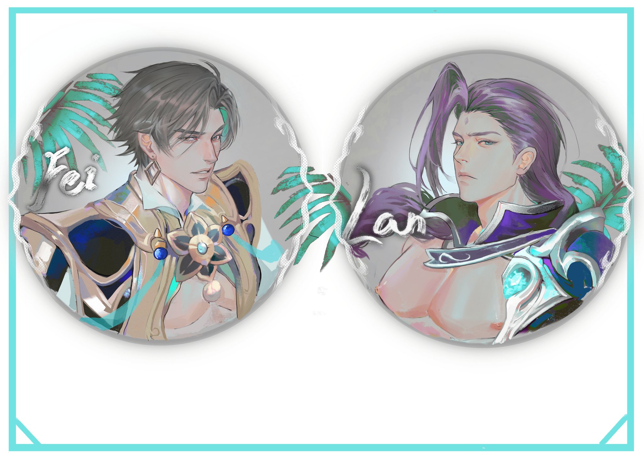 this is an illustration of two anime male characters fei and lan from mobile legends bang bang. they are drawn in a beautiful digital style and look like they are in love. their images are framed by circles and set against a white background. their hair is colored blue and purple. fei's eyes are colored red and lan's are blue. fei's clothes are gold with blue accents and lan's are purple and blue.  both have a white backdrop with green leaf designs in the background.