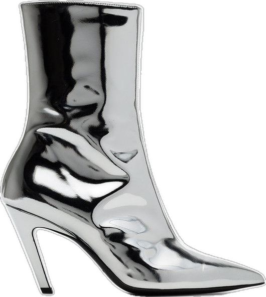 a pair of silver metallic ankle boots with a pointy toe and a stiletto heel. the boots are made of a shiny, reflective material. the boots are shown against a white background.  the boots are likely for women.