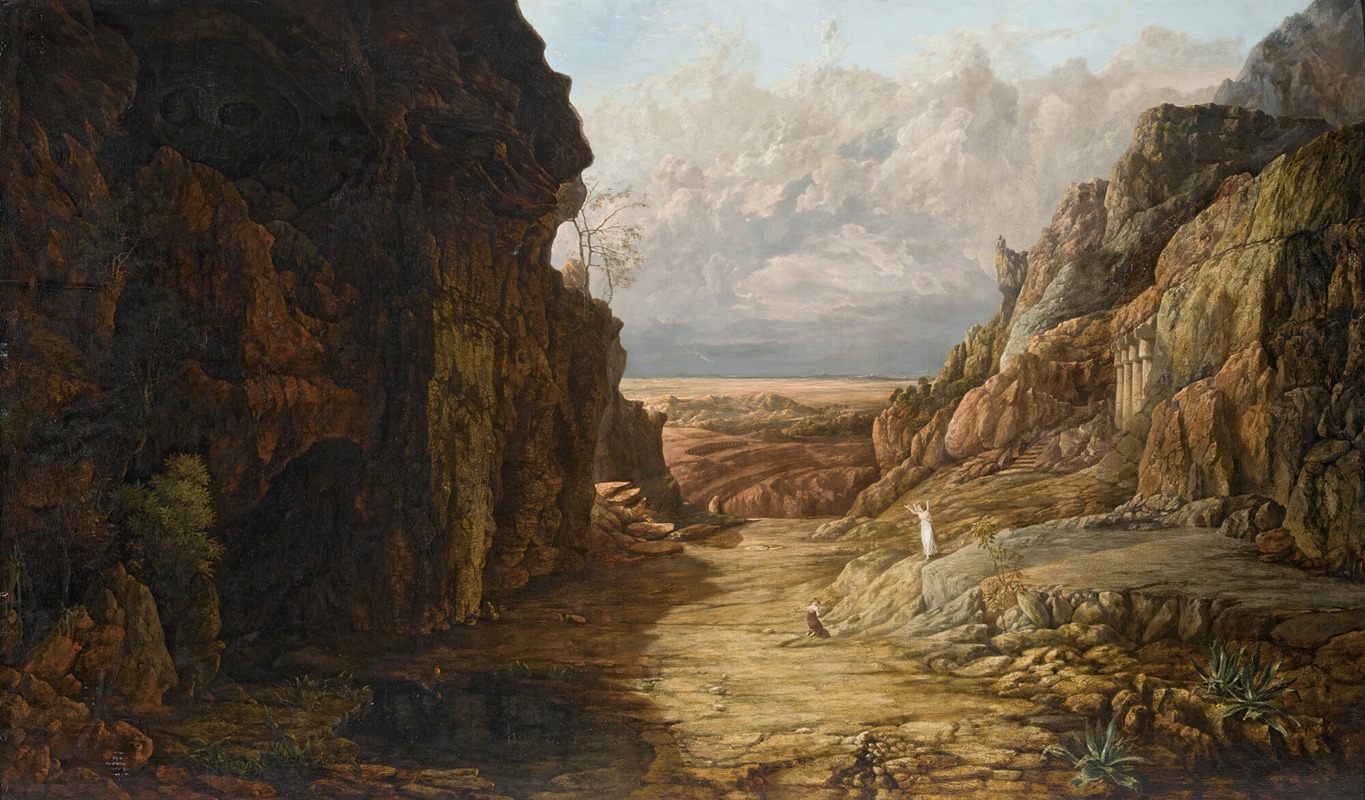the image is a landscape painting depicting a wide canyon or valley flanked by large rocky cliffs on either side. the cliffs are composed of layered rock formations in shades of brown, gray, and beige. on the right side, classical architectural elements like columns and a small stairway are visible, integrated into the rock face. two figures are present in the scene; one is standing on a plateau on the right side, possibly with arms raised, and another figure is kneeling down at the bottom of the landscape. the foreground ground is rocky and uneven, leading into the distance. a glimpse of a flat horizon is visible between the cliffs, with a cloudy sky above.
