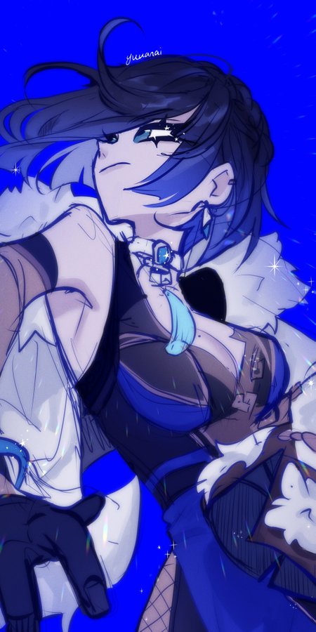 a digital illustration of an anime girl with blue hair and eyes. she is wearing a blue and white outfit and is posing in a dynamic action pose. the background is a bright blue color.