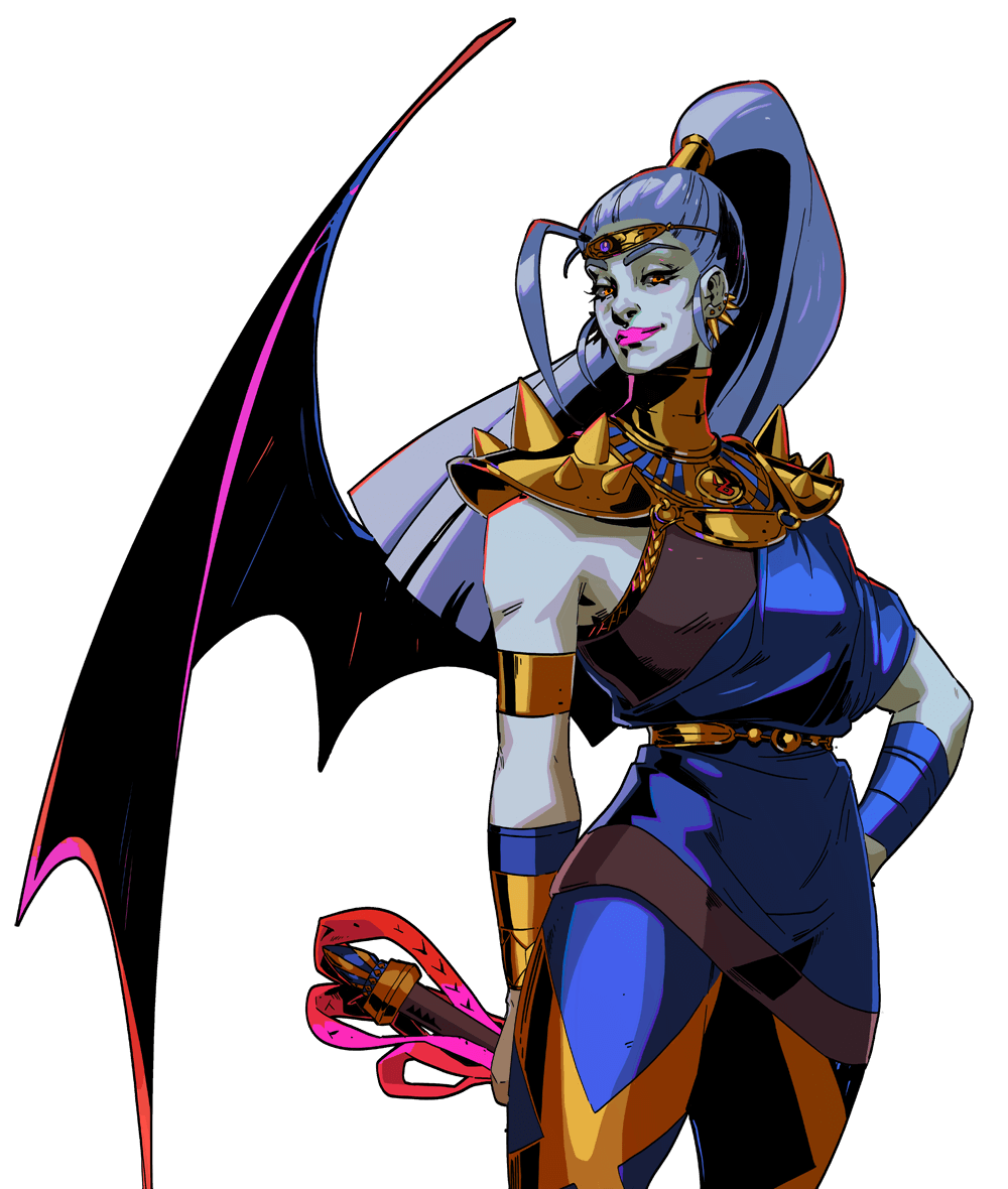 this illustration shows a woman standing with her back slightly turned to the viewer. she has long dark blue hair that is pulled back from her face and secured in a ponytail. the woman wears a gold and blue costume with gold and black bat wings behind her. the woman holds a red and gold staff in her left hand, and she has a confident expression on her face.