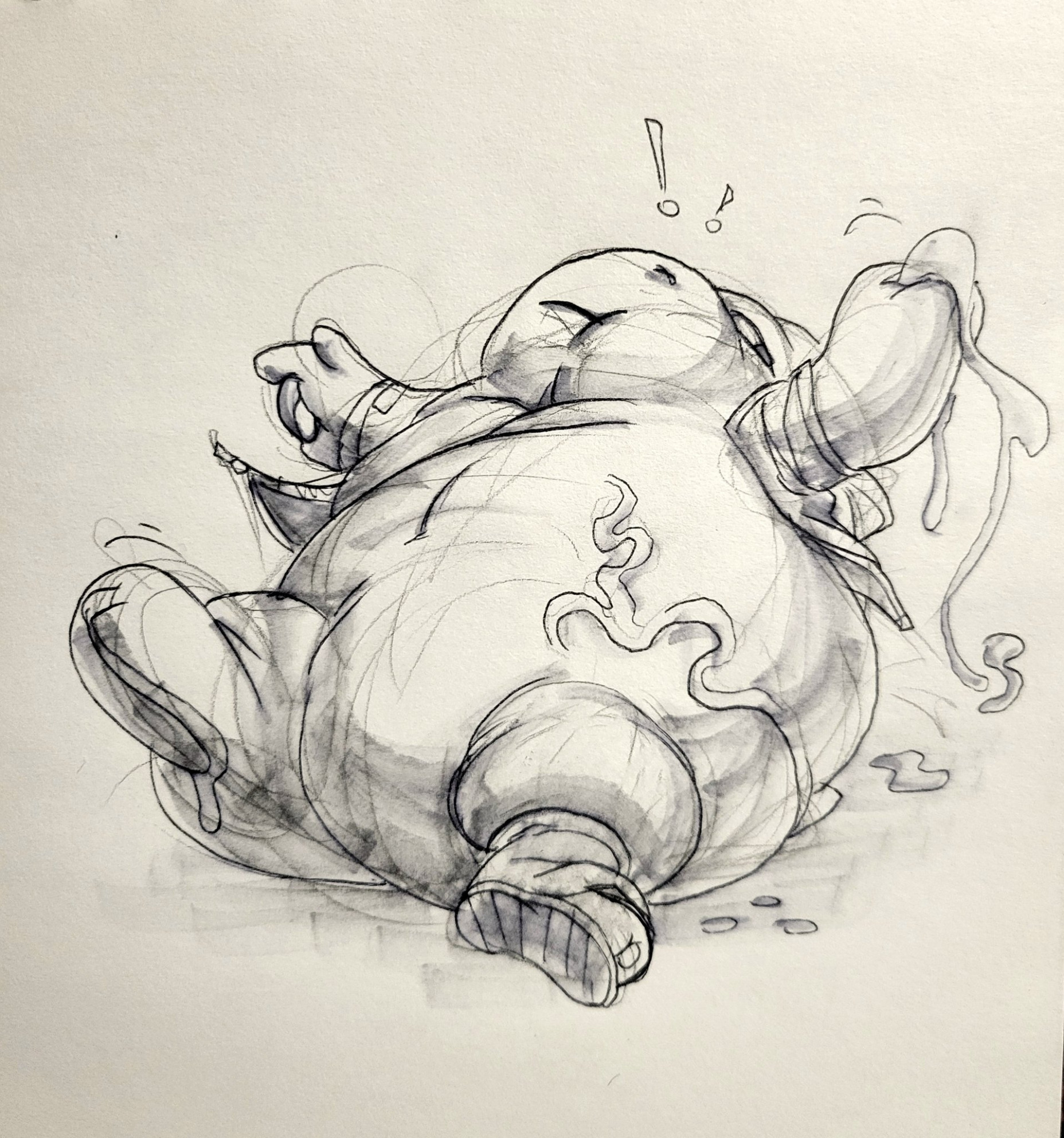 a handdrawn sketch of a cartoon character lying on the ground. the character is depicted as a round, chubby figure with a big belly, wearing a jacket. the character has a surprised expression on their face, and their arms are outstretched. the drawing is in black and white and has a whimsical style.