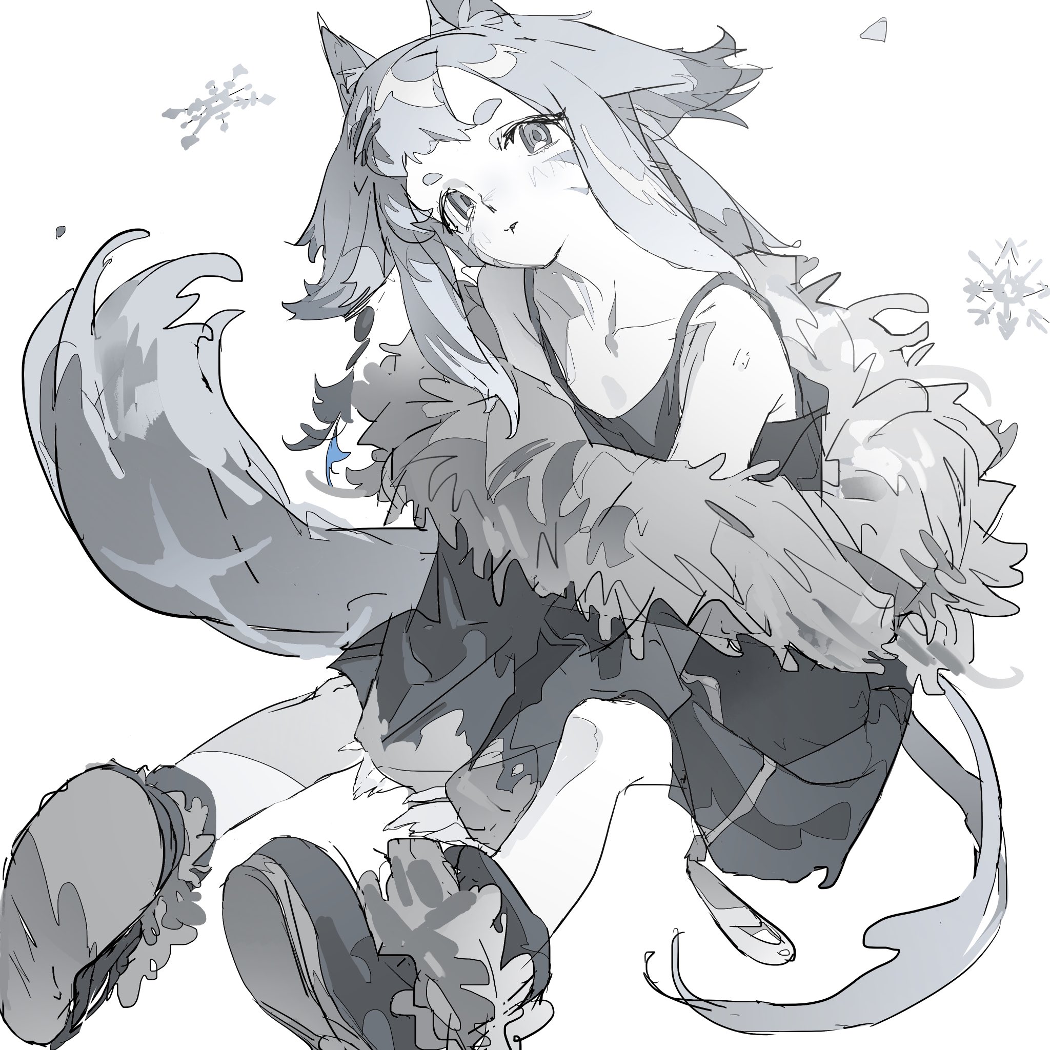 this is a digital illustration of a cute anime girl in a winter outfit. she is sitting and looking down with a sad expression. the drawing is in black and white with a grey tone, adding to the somber mood of the image.