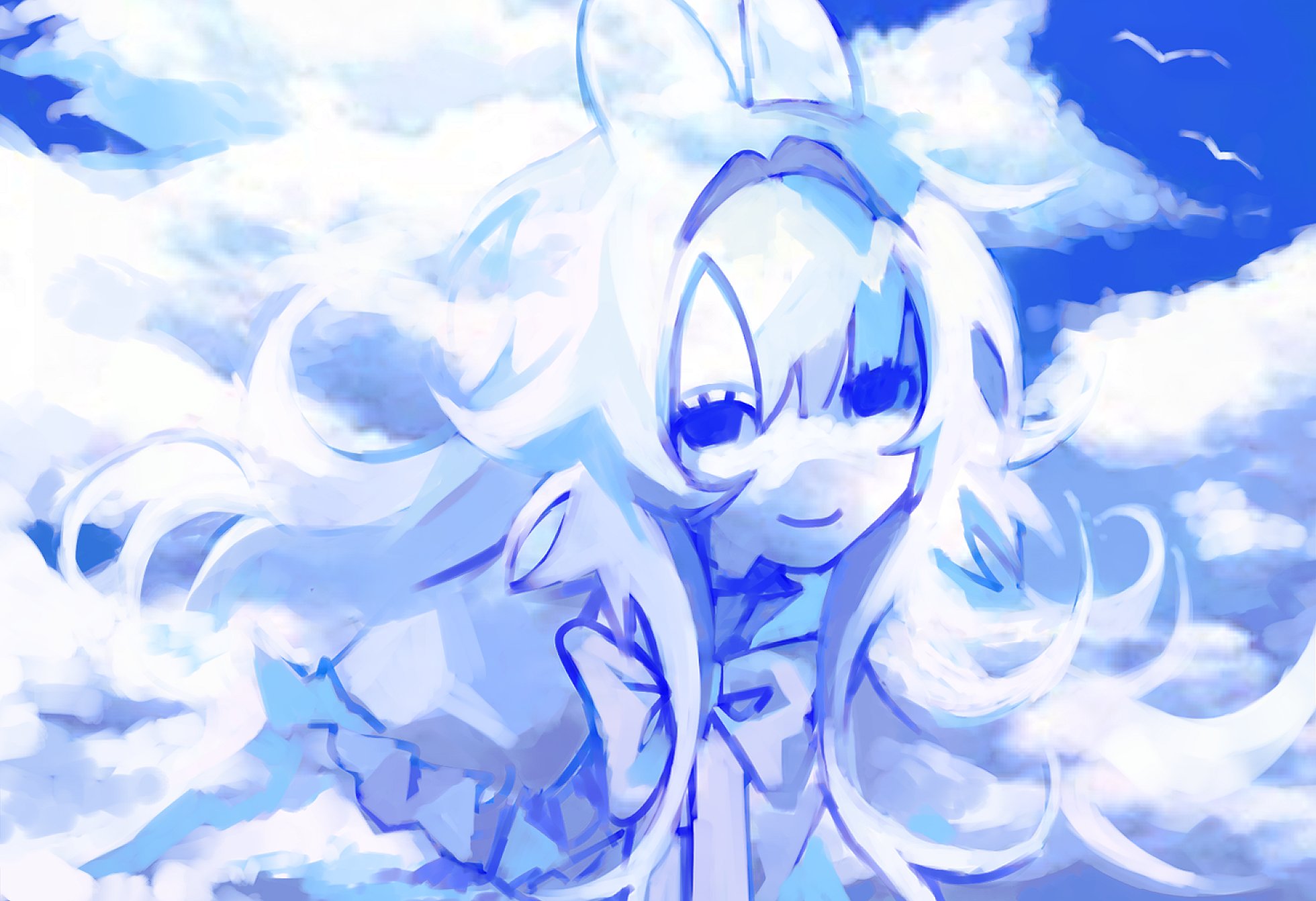 he image is a digital painting of an animestyle girl with long, flowing white hair and bunny ears. she is depicted in a dreamy, ethereal style, blending seamlessly with the surrounding blue and white clouds and sky. the art style is soft and whimsical, using watercolorlike textures and light colors to create a peaceful and calming atmosphere.  the girl's features are somewhat indistinct, adding to the ethereal quality of the image.  the overall impression is one of fantasy and lightheartedness.