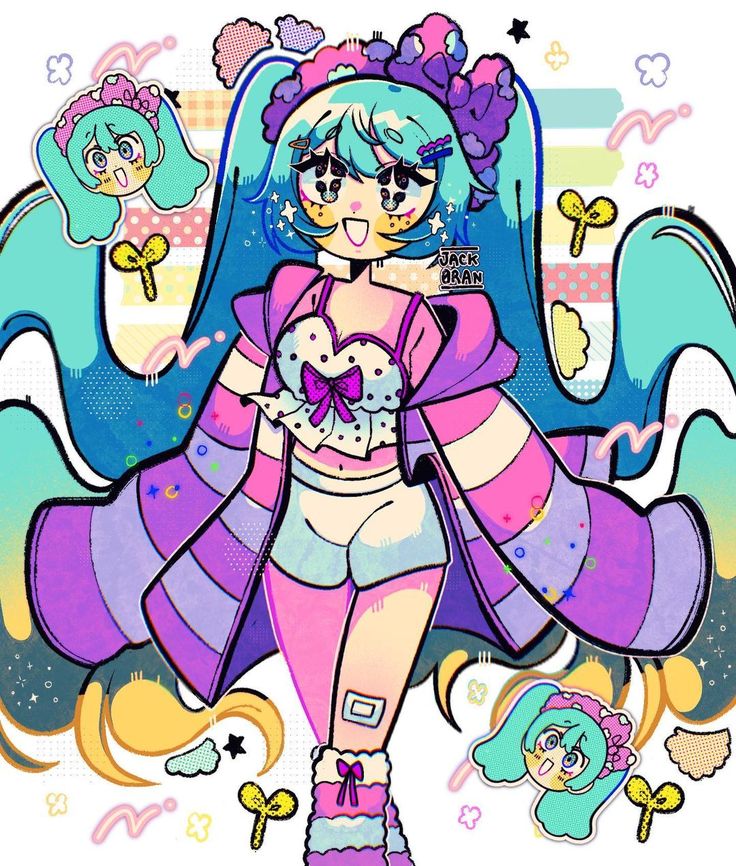 the illustration depicts a young girl with long turquoise hair styled in twin tails with a pink headband adorned with floral accents.  she is wearing a purple and pink jacket over a white tank top with pink polka dots,  white shorts, and pink socks with white and purple trim. she has large, blue eyes,  a smiling face, and a blush on her cheeks. the background is filled with colorful shapes,  stars,  clouds,  and flowers, creating a vibrant and whimsical atmosphere. the overall style is reminiscent of anime and kawaii aesthetics.