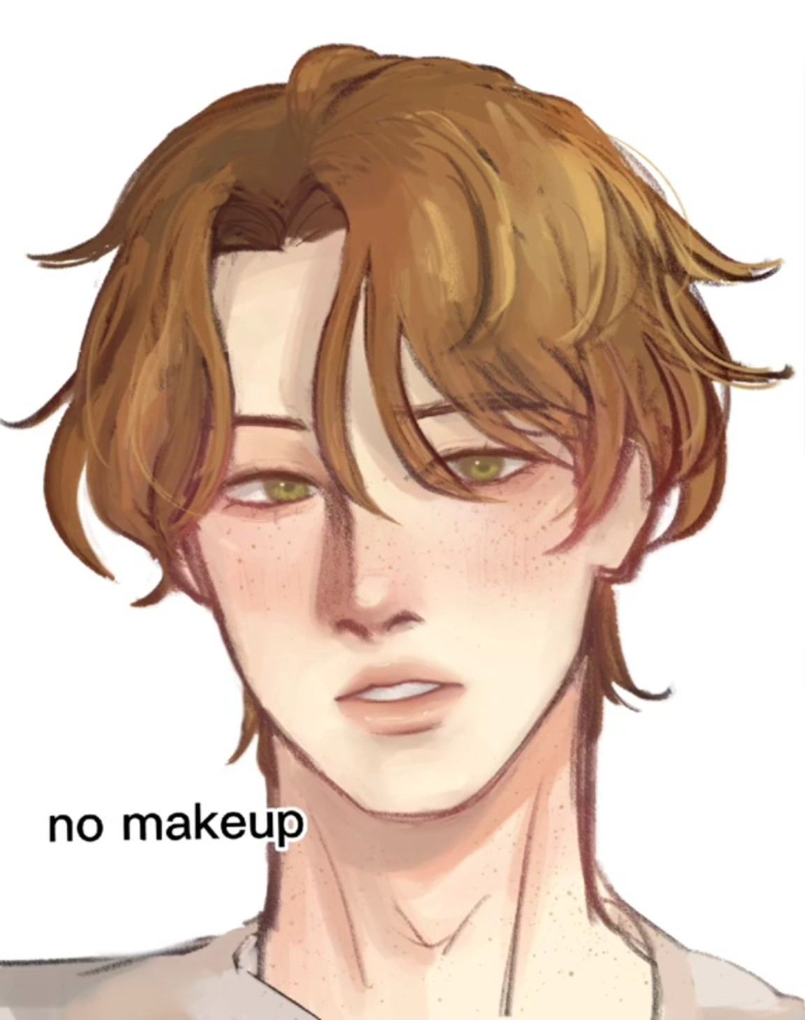 a digital illustration of a young man with light brown hair and green eyes. he has freckles across his face and is wearing a white shirt. the word "no makeup" is written in black text to the left of his face. the style of the illustration is line less, with soft shading and a warm color palette.
