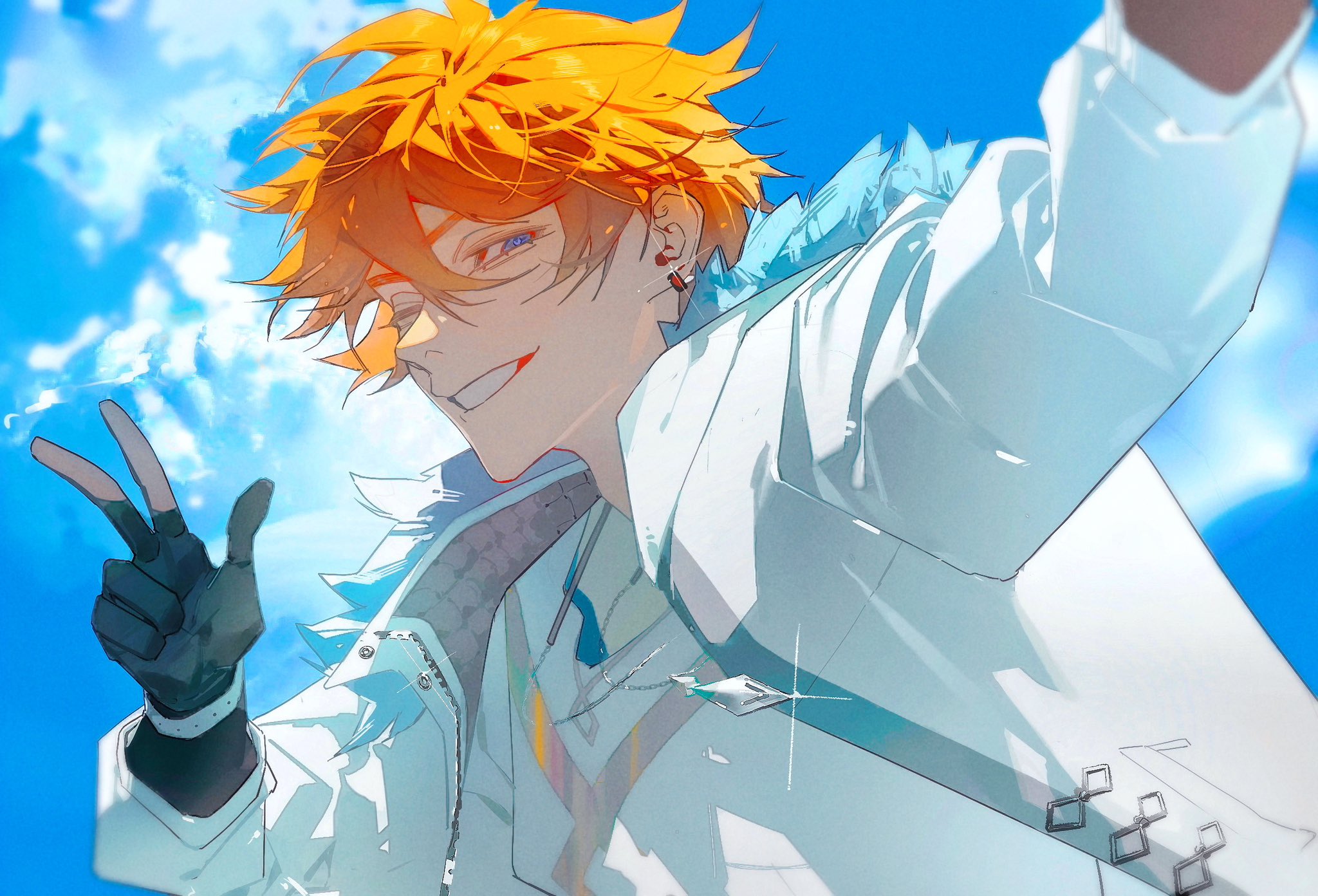 a digital illustration of childe from genshin impact smiling and giving a peace sign against a blue sky. he has orange hair and blue eyes, and he is wearing a white coat over a darker outfit. he has a mischievous smile.