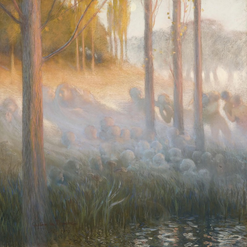 this painting depicts a surreal landscape scene. there are several indistinct figures scattered throughout a hazy meadow, partially obscured by mist. a few trees stand vertically in the foreground and midground, illuminated by a soft golden light. the lower part of the scene is filled with tall grasses and a body of water with visible reflections. the overall impression is mystical and dreamlike.
